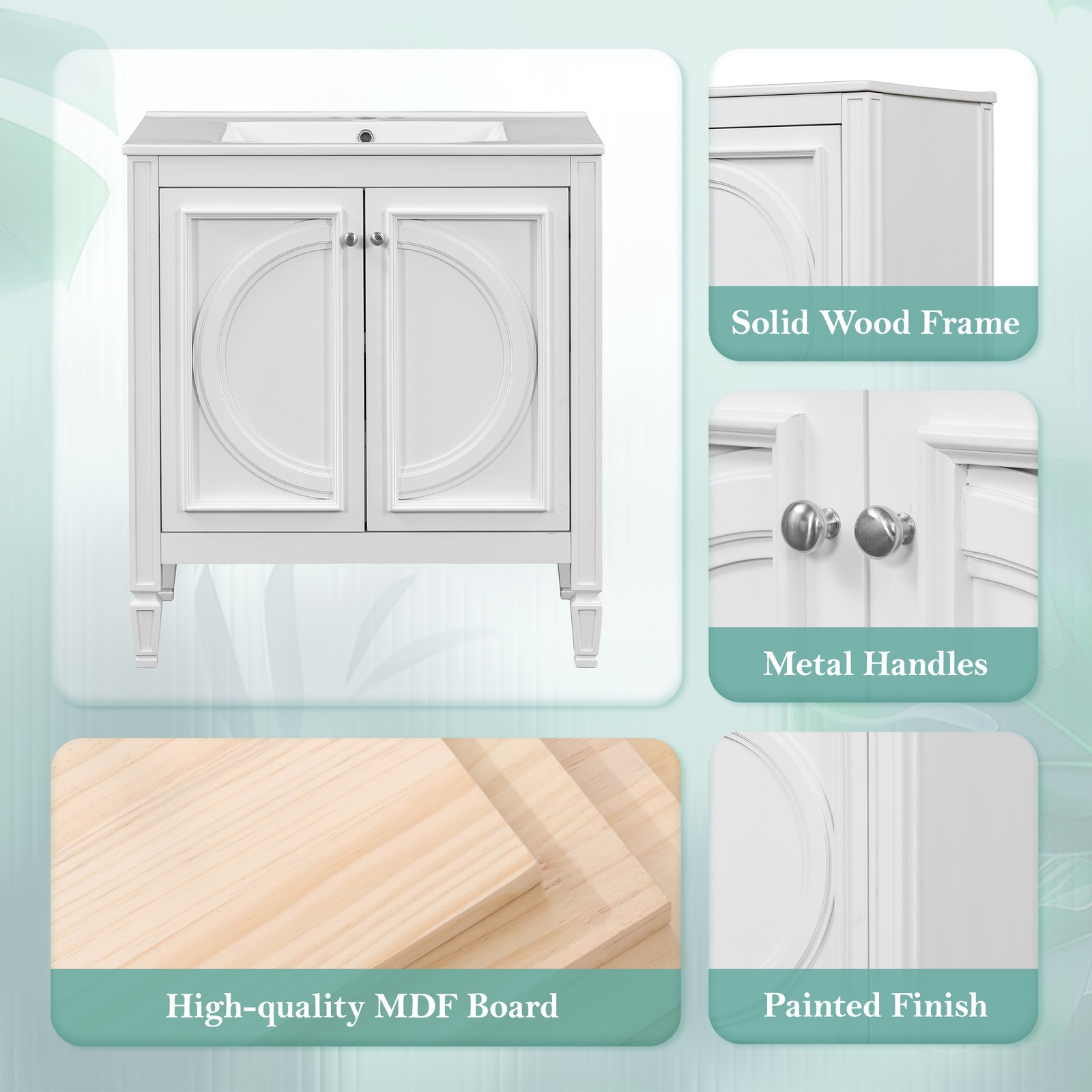 30″ Bathroom Vanity with Sink, Two Doors & Drawer, White