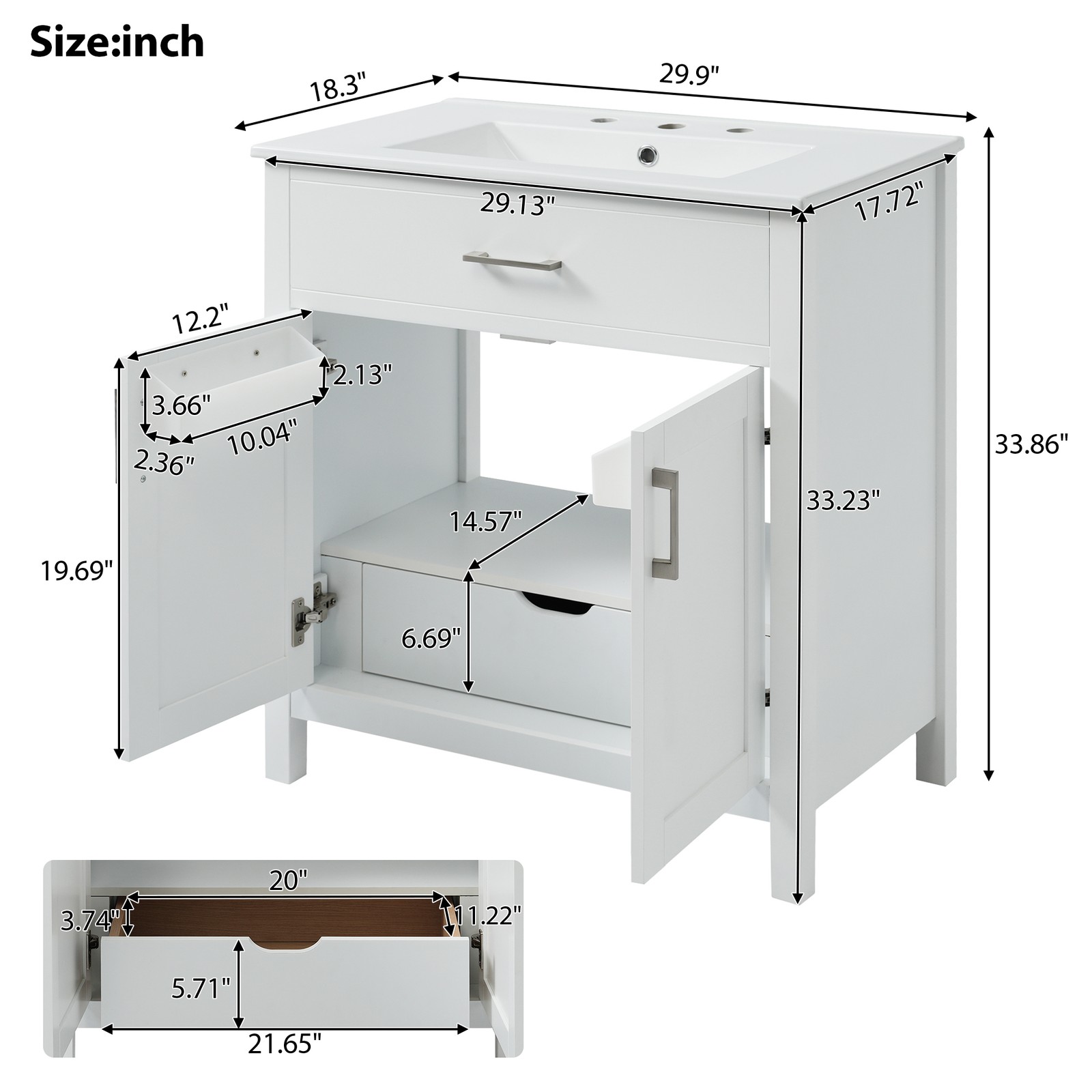 30-Inch Bathroom Vanity with Ceramic Sink, White, Solid Wood MDF