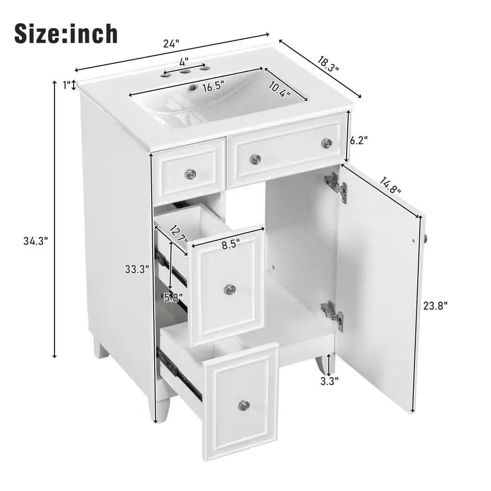 24 In. W Single Sink Freestanding Bath Vanity in White with White Ceramic Top an