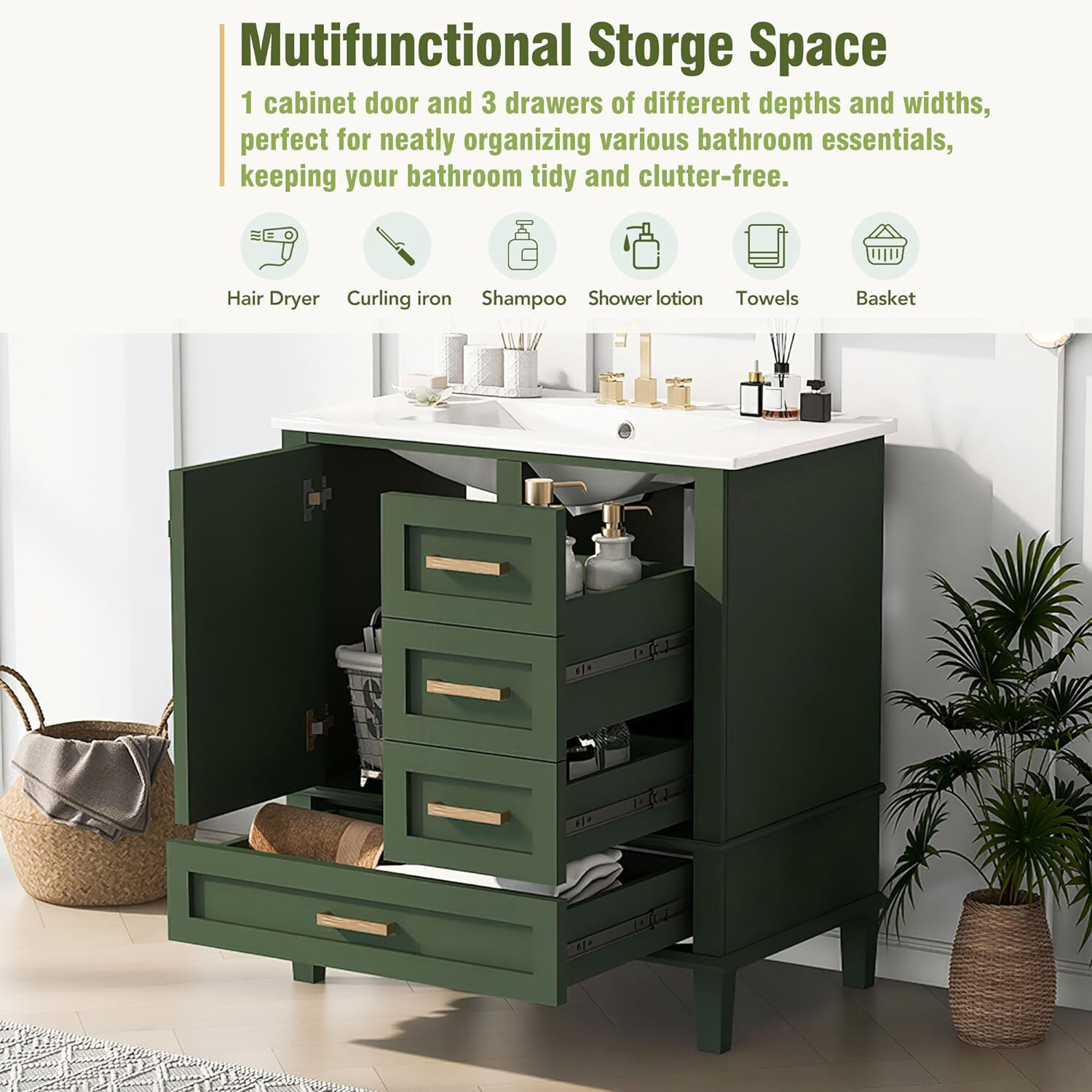30″ Solid Wood Bathroom Vanity Cabinet with Resin Sink Top, 1 Door and 3 Drawers