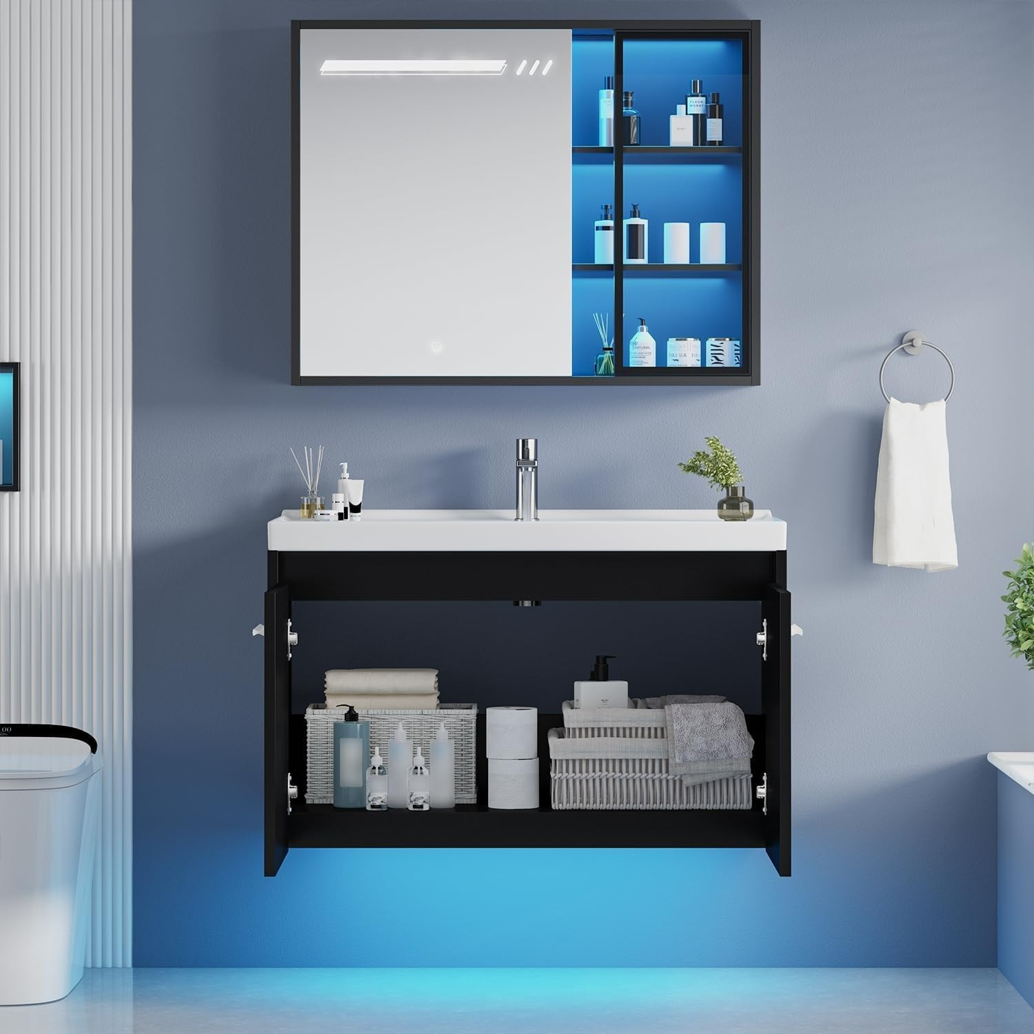 4Ever2Buy 31″ Black Floating Vanity w/ Sink LED Light 2 Doors