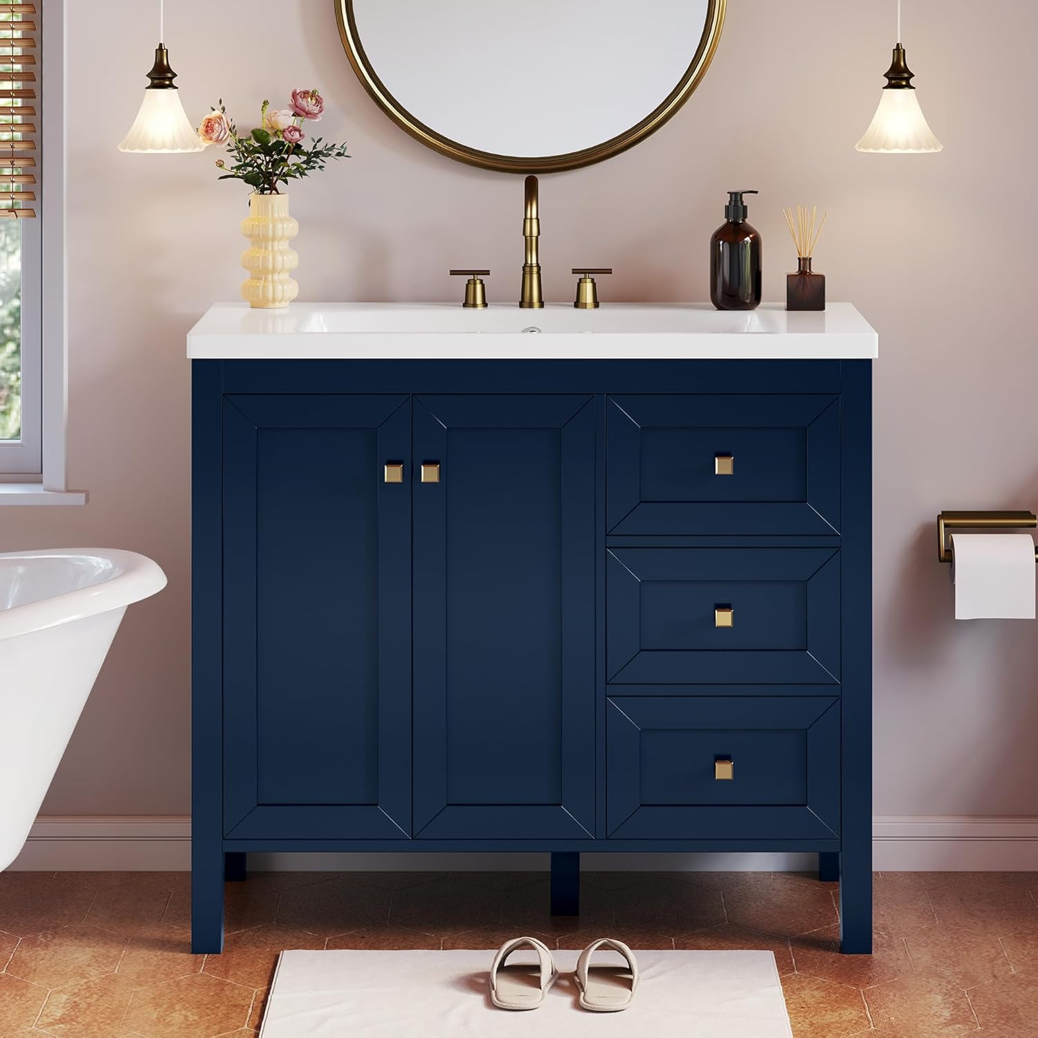 Navy Blue 36″ Vintage Bathroom Vanity with Sink, Soft-Closing Doors & Drawers