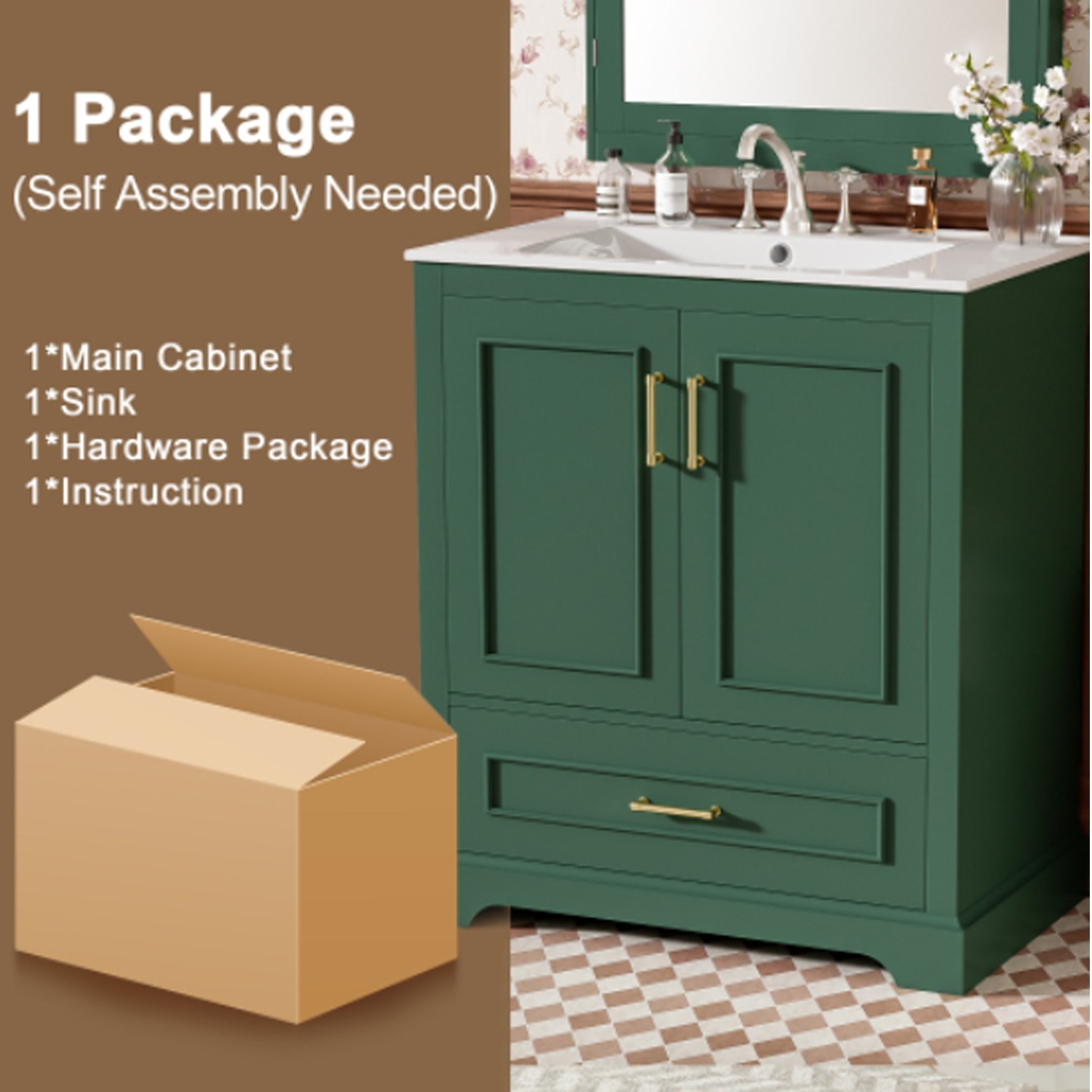 Solid Wood Green Bathroom Sink Vanity Modern Stylish 30 inches Bathroom Vanity