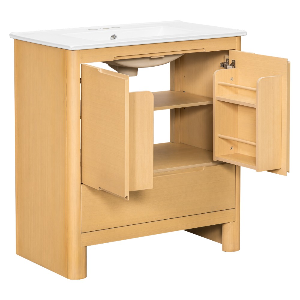 30″ Softened Modern Bathroom Vanity with Ceramic Sink, Natural Wood Grain
