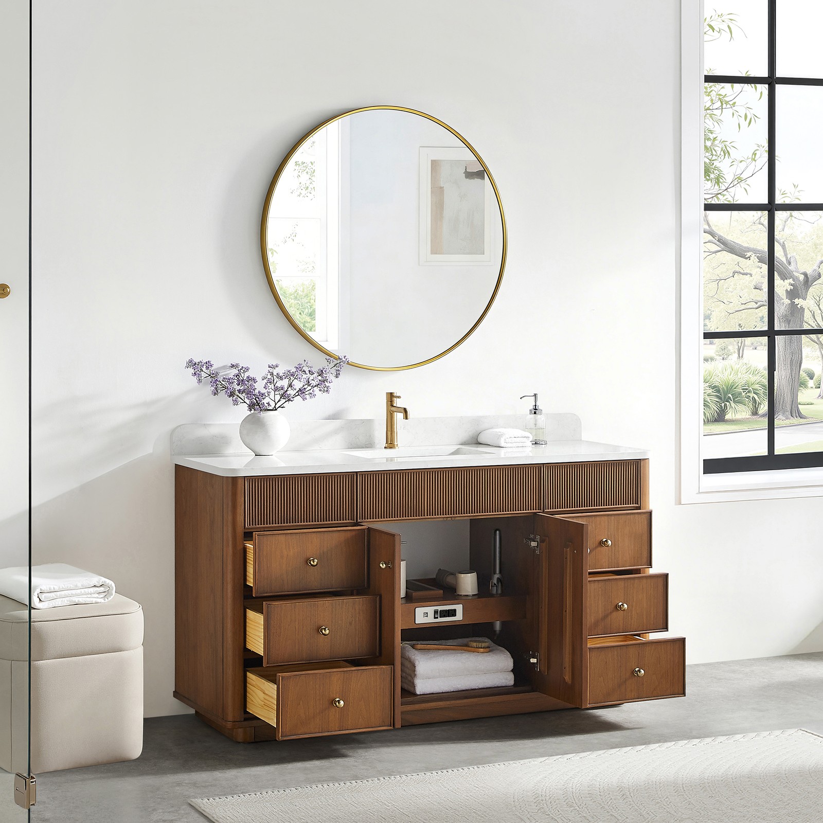 Zogno 60″ Single Sink Bath Vanity in Natural Walnut with White Grain Stone Top