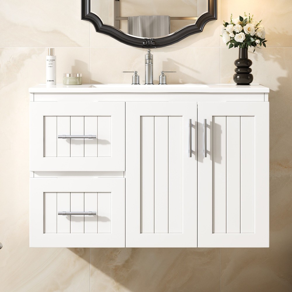 36″ Wall Mounted Bathroom Vanity w/Sink,Floating Vanity Cabinet,2 Drawers, Doors