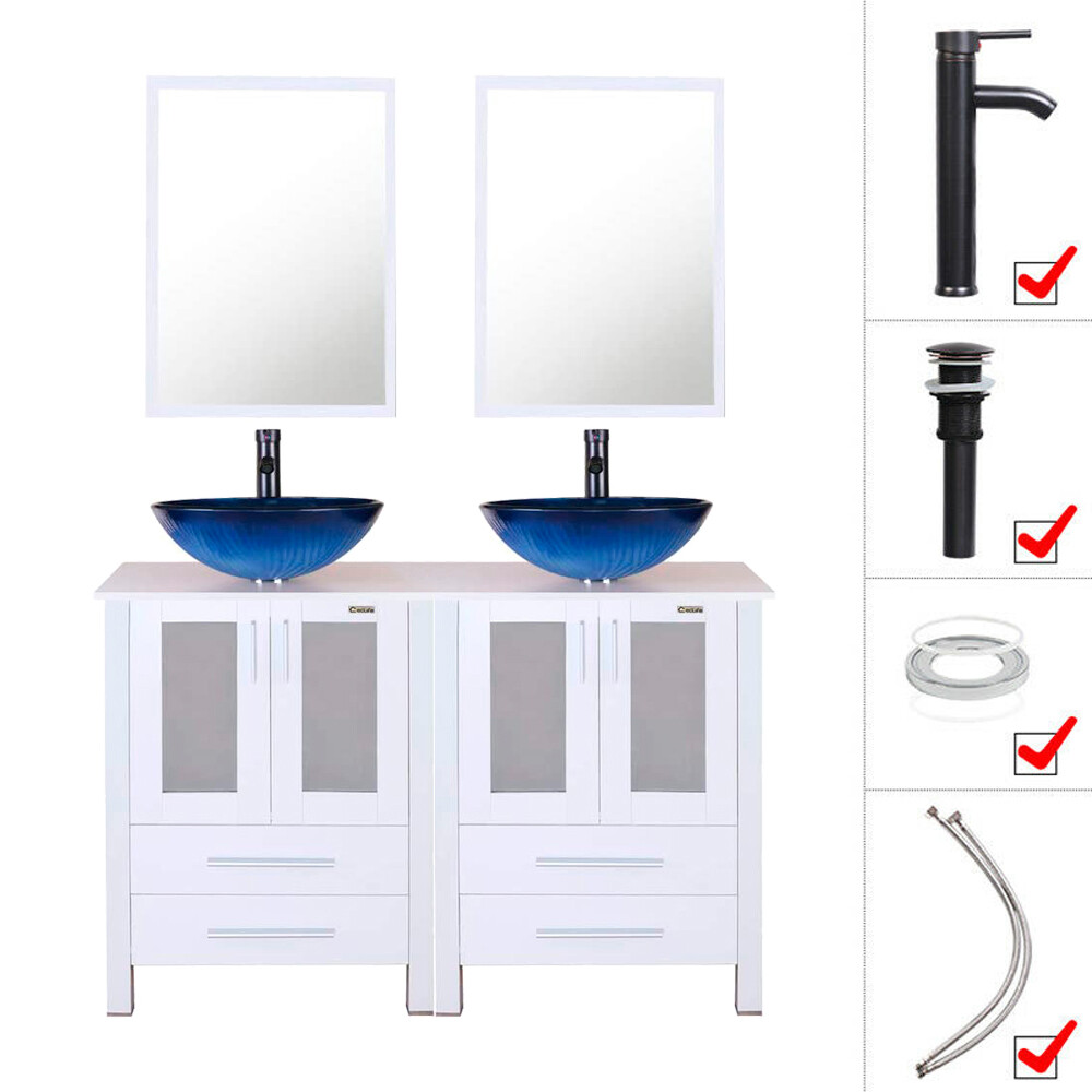 48″ White Bathroom Vanity Set Vessel Glass Ceramic Sink Faucet Cabinet No Mirror