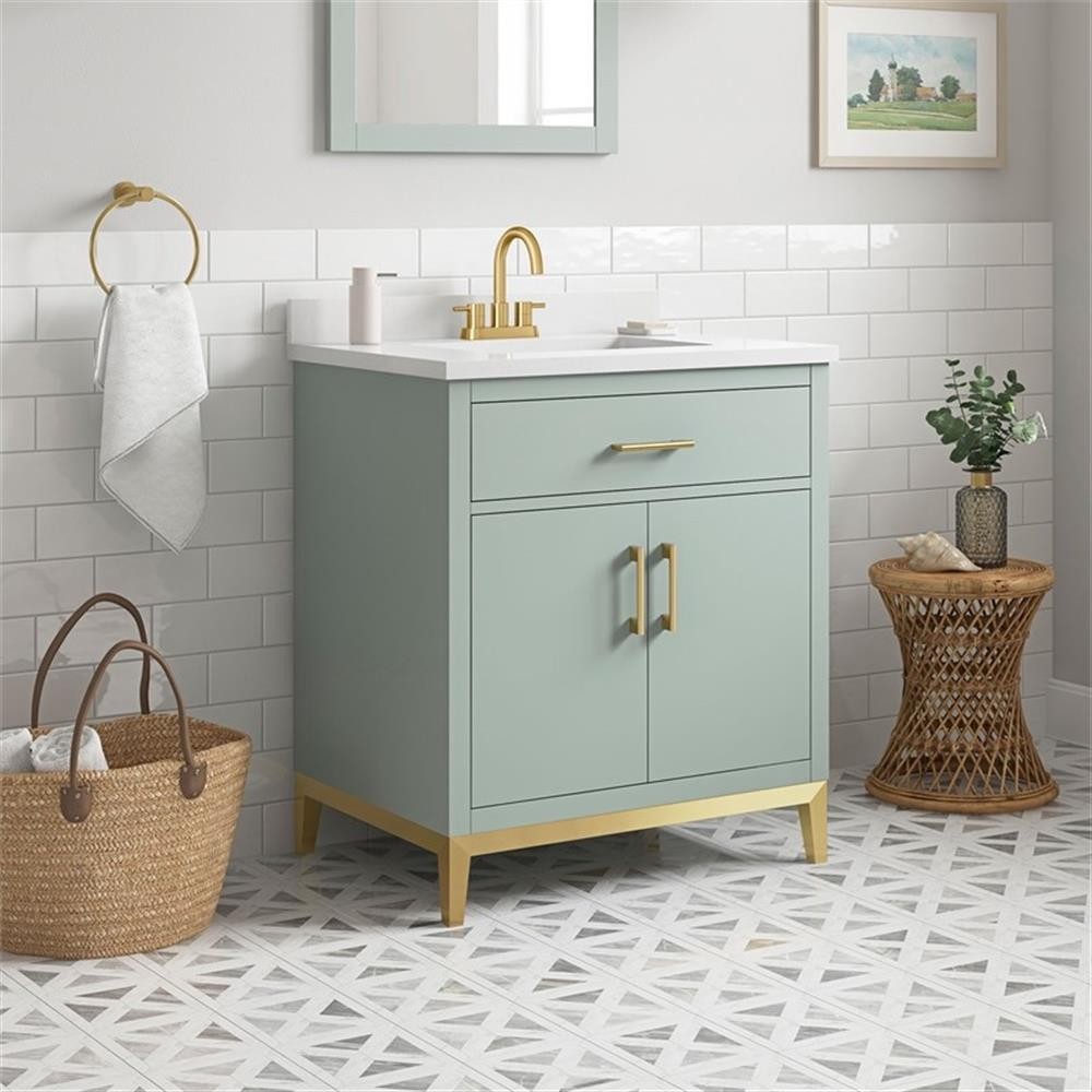 Pemberly Row 30″ Bathroom Vanity in Sage Green with White Countertop