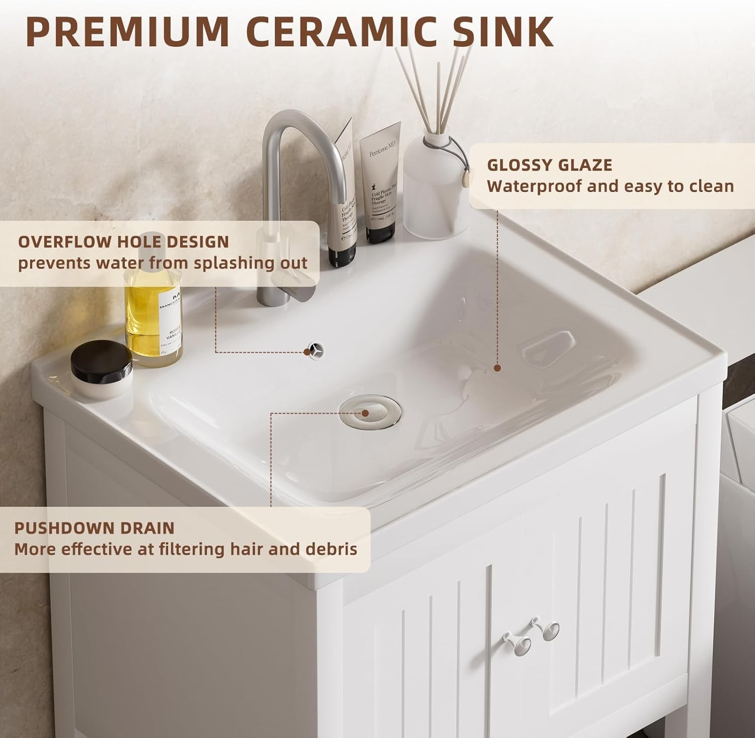 24 Inch Bathroom Vanity with Sink, Bathroom Sink Cabinet with 2 Doors and 1 Open