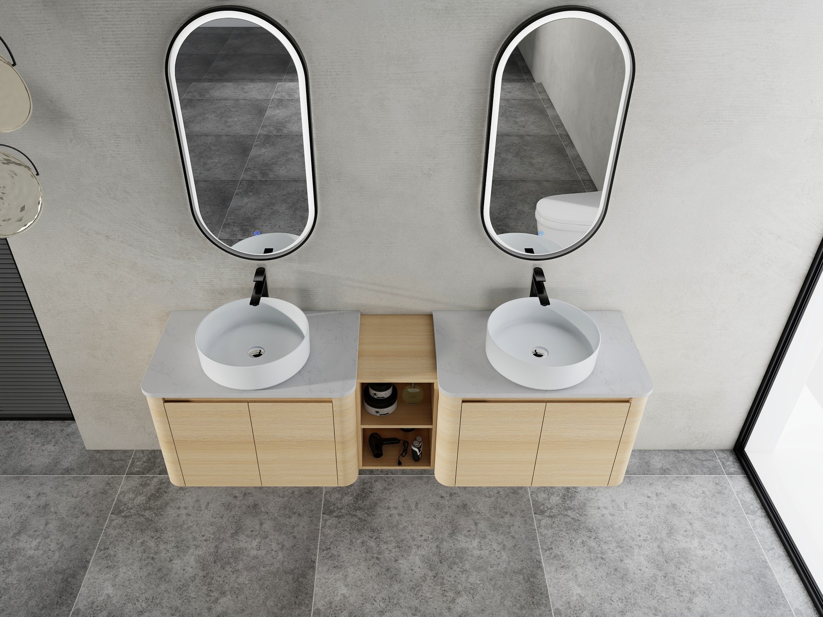 72″ Floating Bathroom Vanity W/ 2 White Ceramic Sink Stone Slab Top+Open Shelves