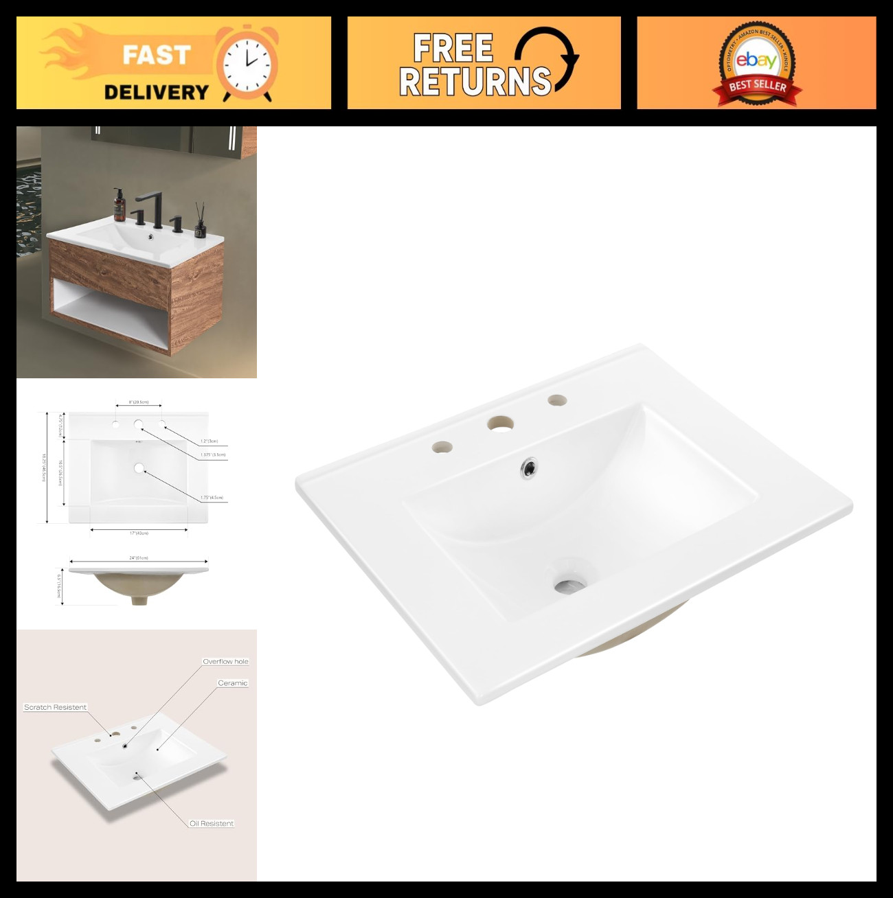 Classic Contemporary 24″ Rectangular Ceramic Sink Basin Vanity Top – White, 3-Ho