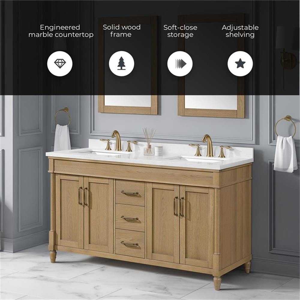 Pemberly Row 60″ Natural Birch Bathroom Vanity with White Countertop