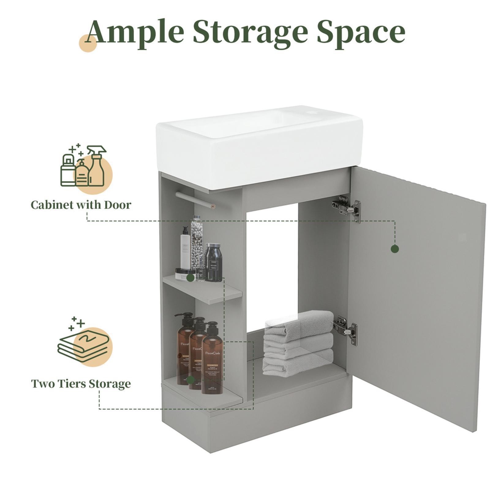 MDF Bathroom Vanity Cabinet with Ceramic Sink and Storage Shelf Grey Furniture