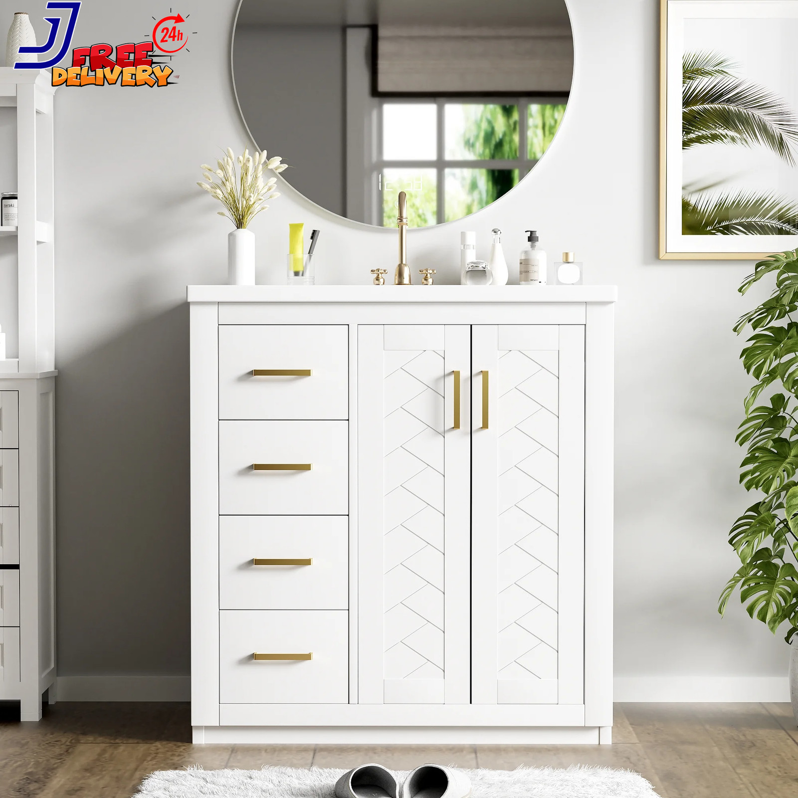 30” Bathroom Vanity w/Ceramic Sink Combo Solid Wood Frame Bathroom Storage Cabi