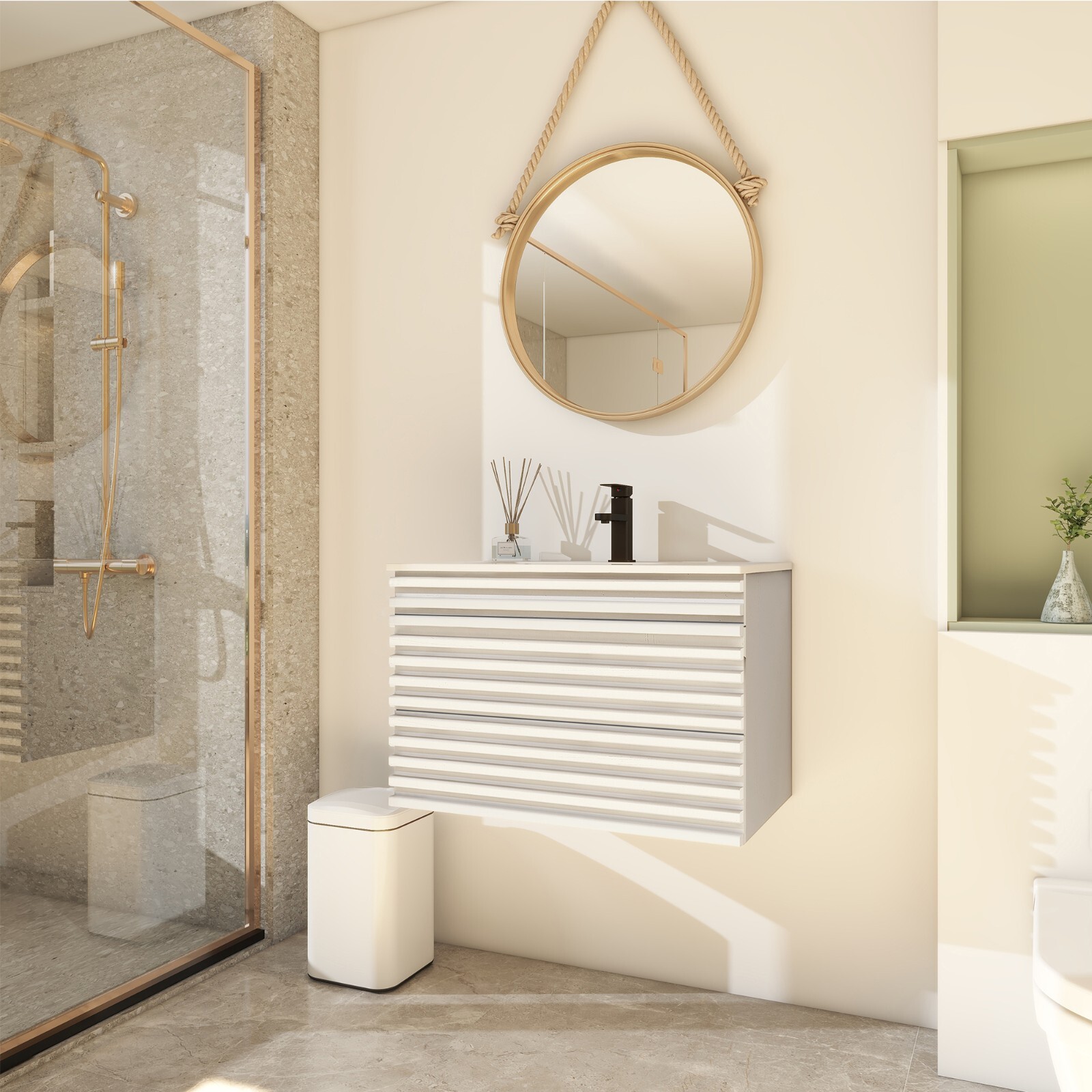Bathroom Vanity Set Wall Mounted W/ Drop in Sink Mid-Century Cabinet Set