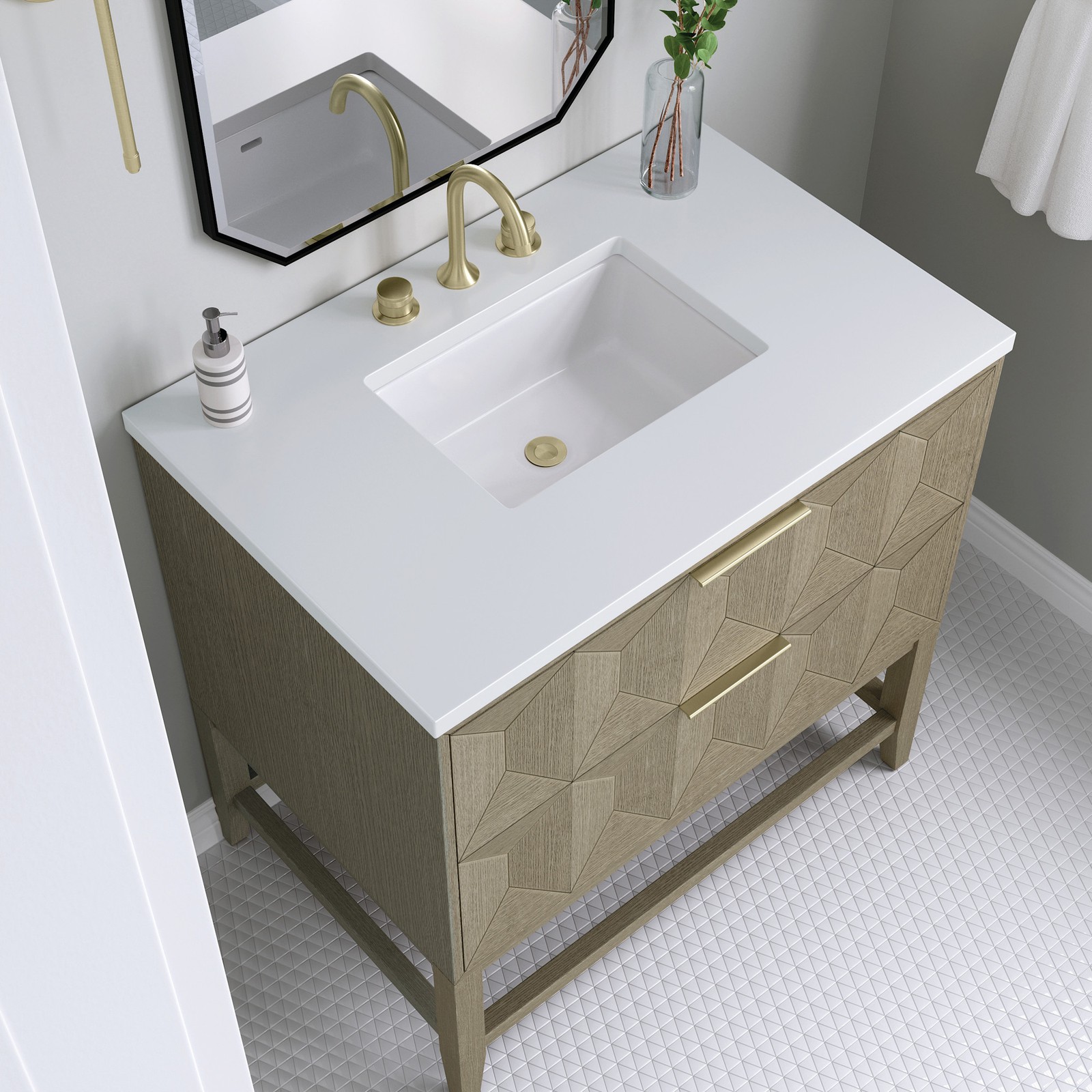 James Martin Vanities D100-V36-3WZ Emmeline 36″ – Pebble Oak / White Zeus