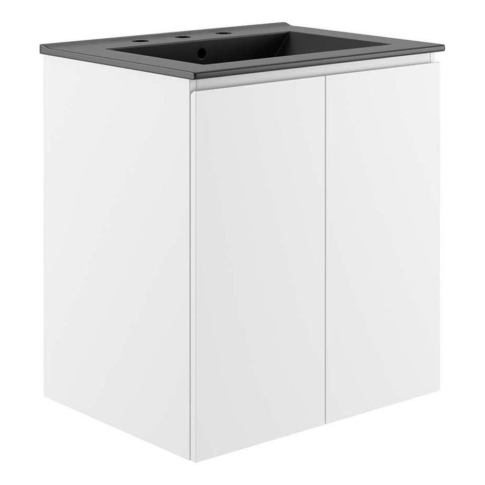 Modway Bryn 24″ Modern Wood/Ceramic Wall-Mount Bathroom Vanity in White/Black