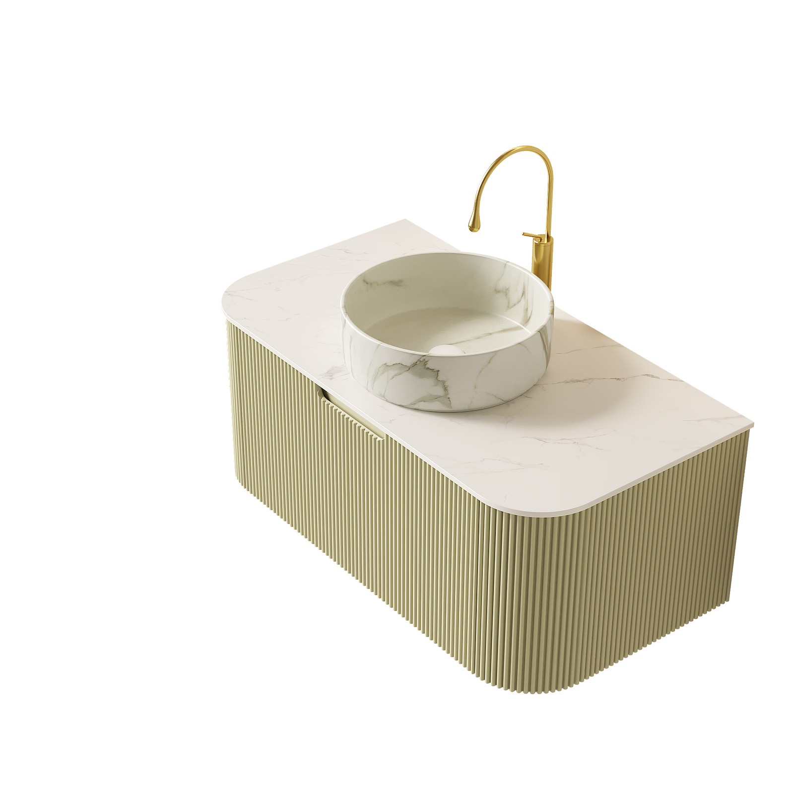 36″ Bathroom Vanity with Sink, Matte Stone Basin, Dark Green Cabinet, Soft Close