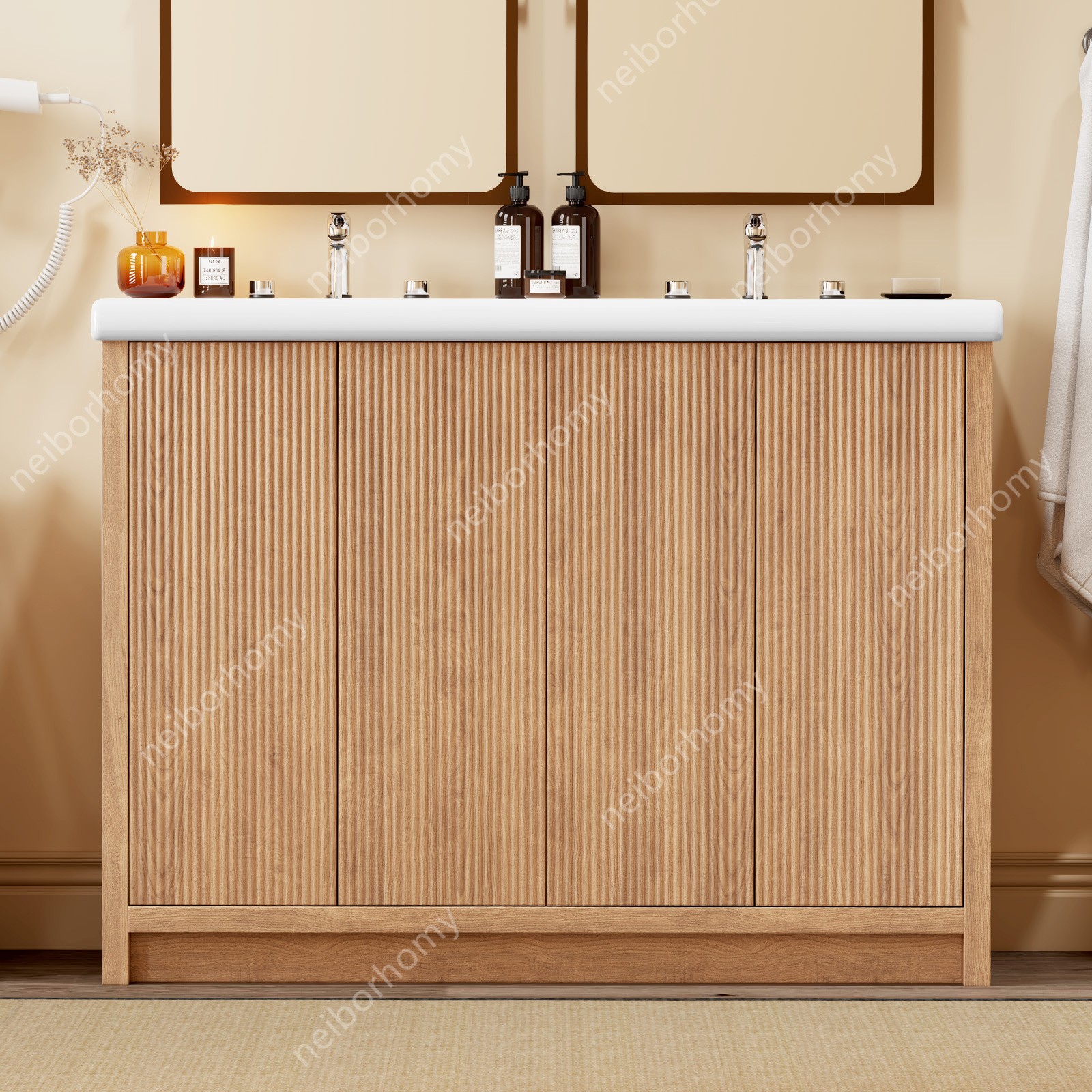 47.3 inch Double Sink Bathroom Vanity Wood Grain Modern 2 Basin Storage Cabinet