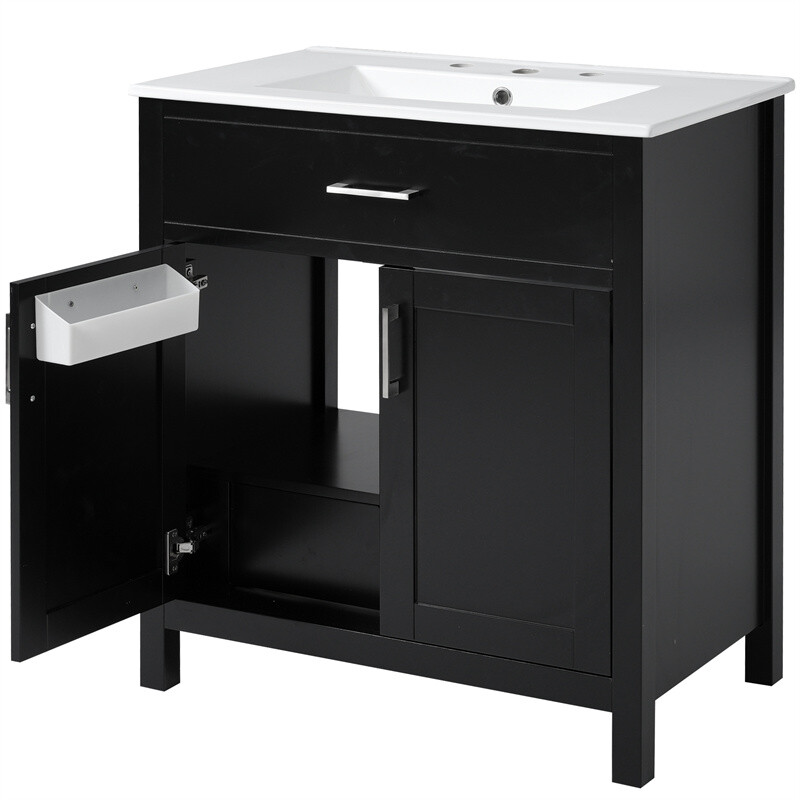 30″ Bathroom Vanity with Ceramic Sink and Storage Cabinet Built-in Drawe & Doors