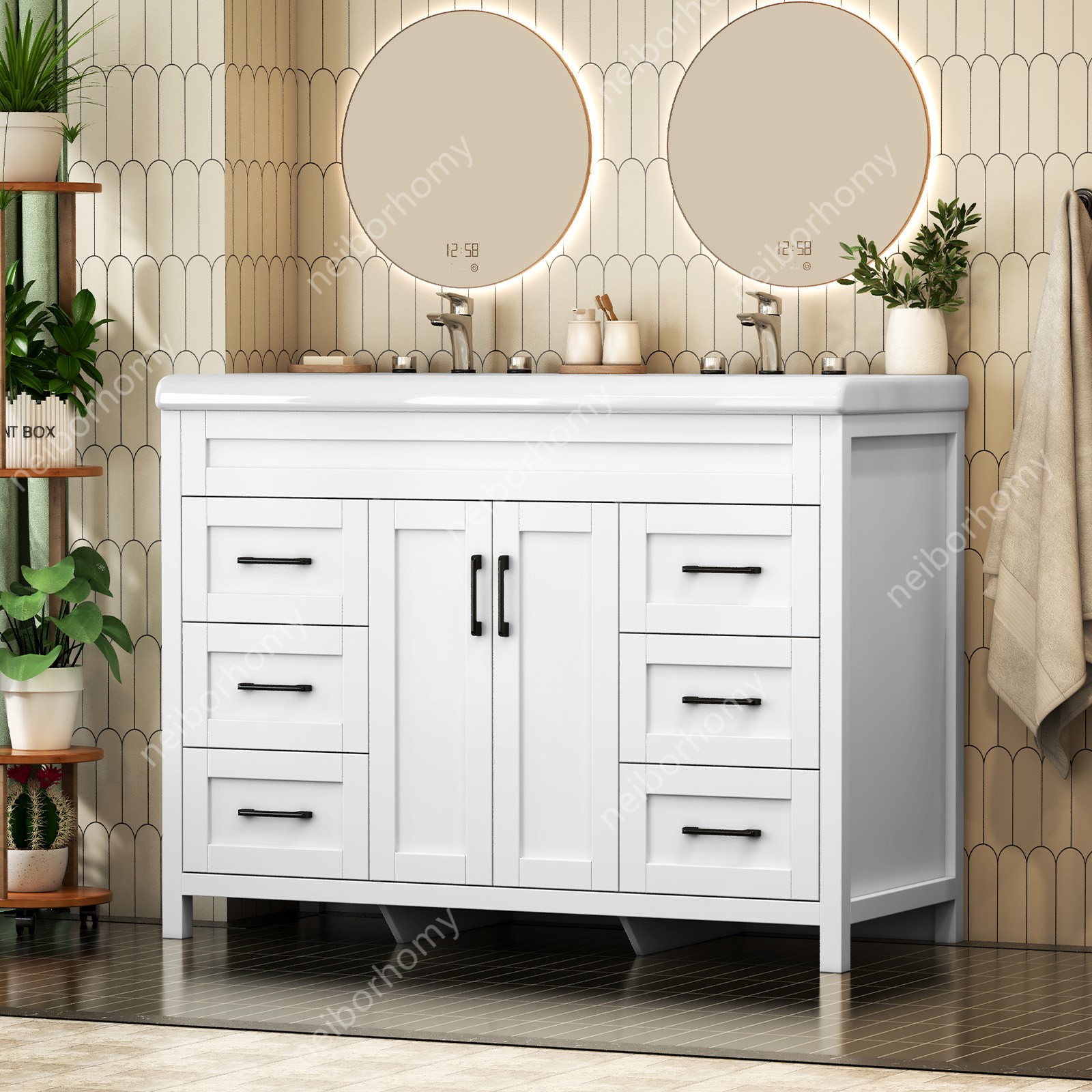 47″ Bathroom Vanity Double Sink Ceramic Freestanding Cabinet Storage Drawers