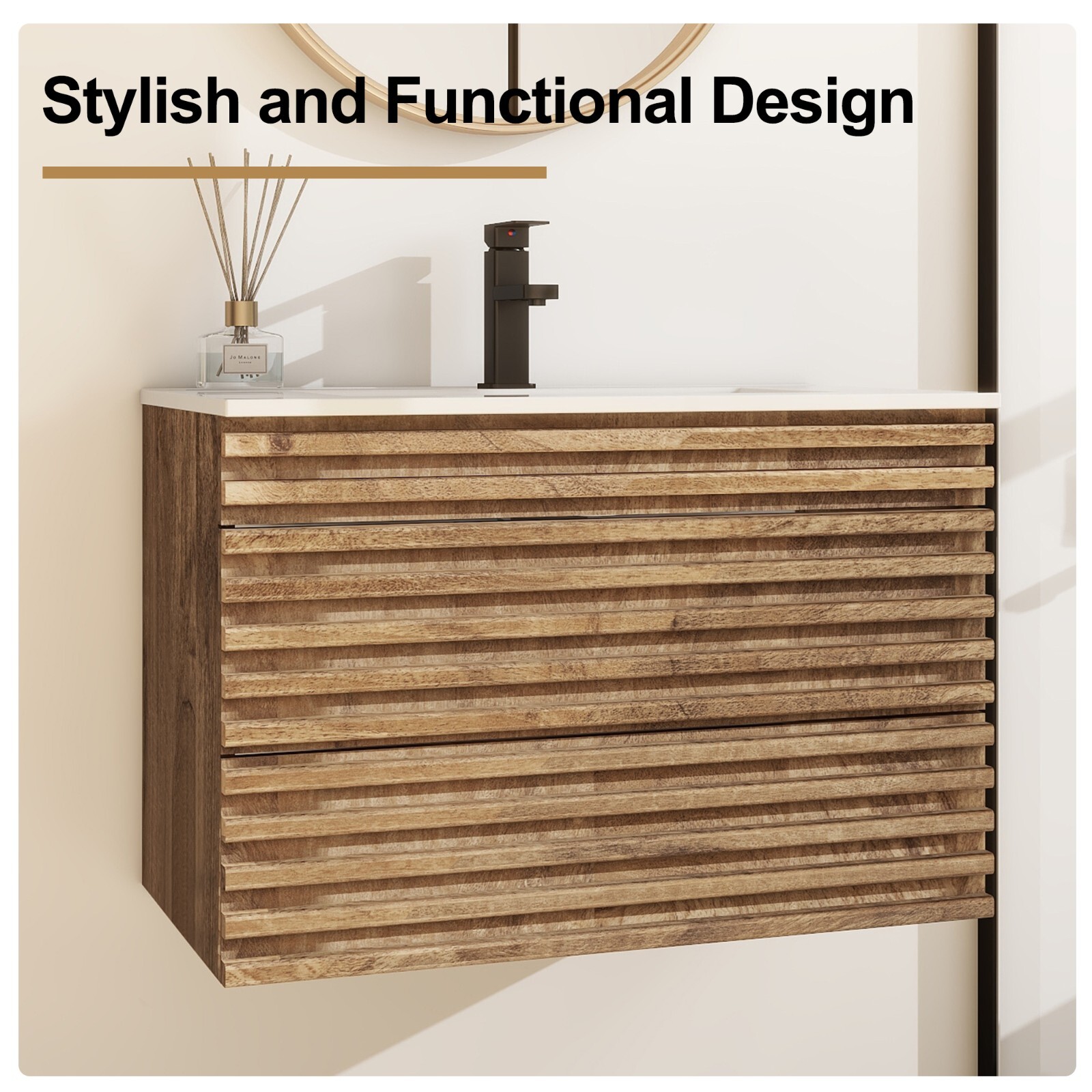Bathroom Vanity Set Wall Mounted W/ Drop in Sink Mid-Century Cabinet Set