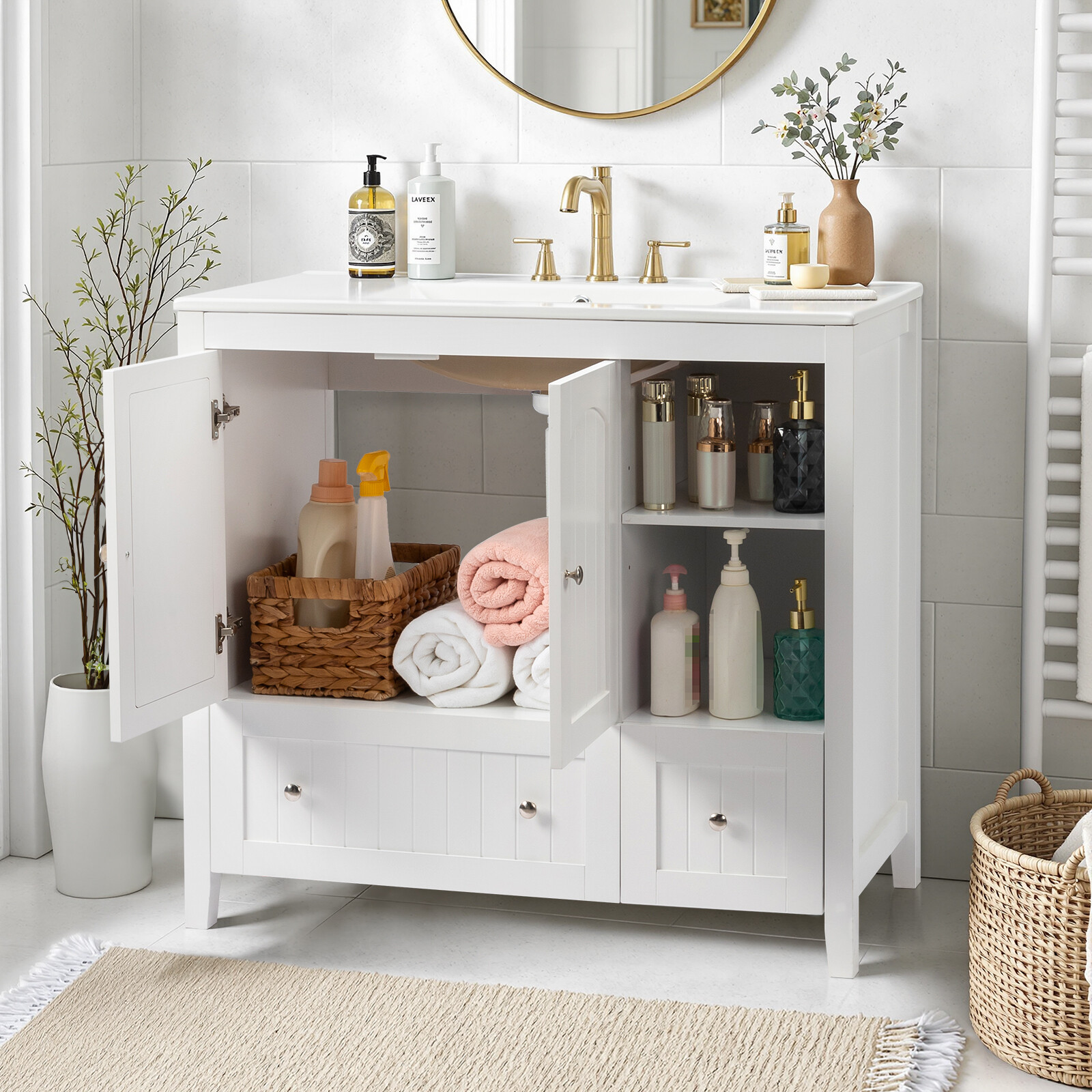 36″ Bathroom Vanity Without Sink, Wooden Storage Cabinet w/ 2 Doors & 2 Drawers