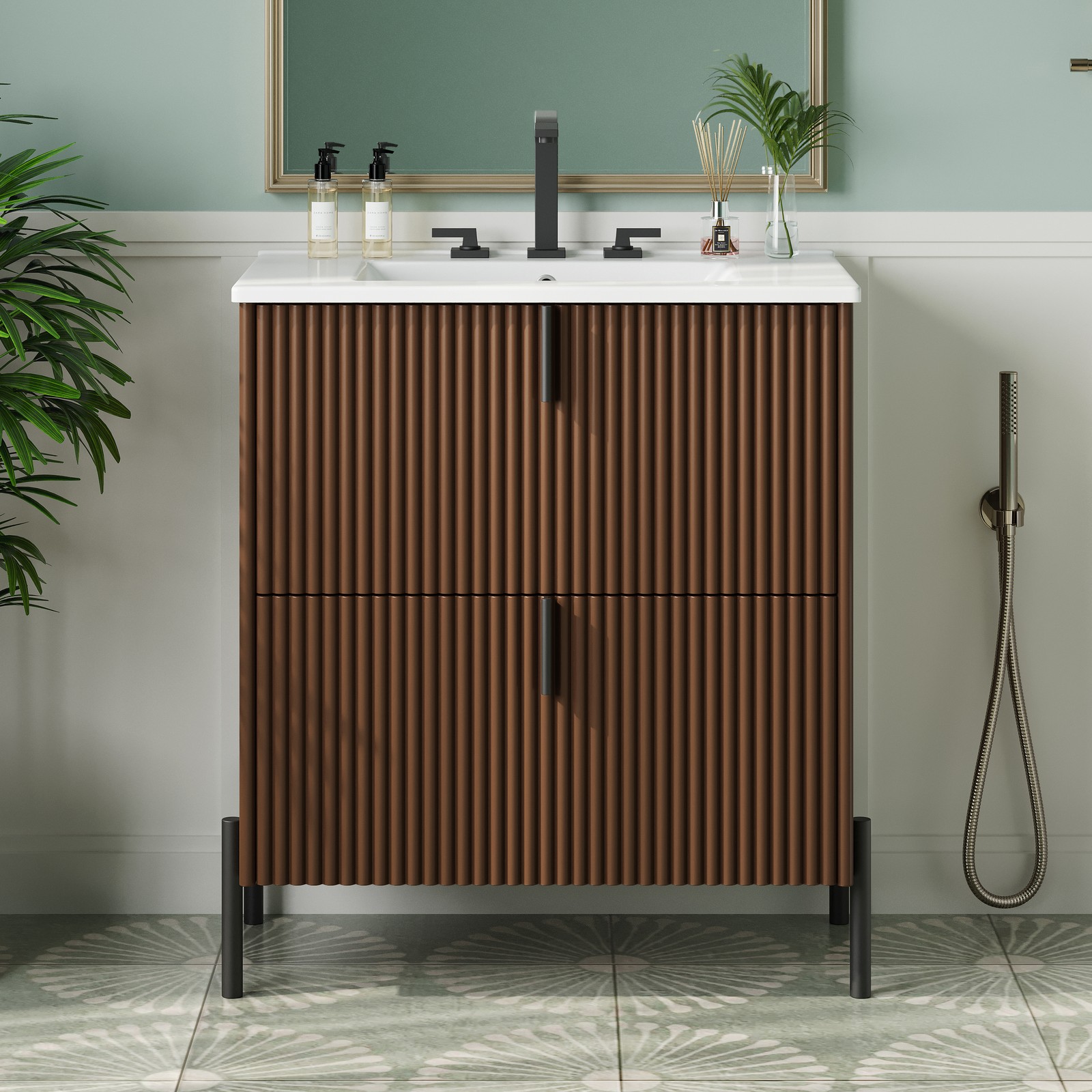30″ Bathroom Vanity with Ceramic Sink Freestanding Bathroom Vanity w/2 Drawers