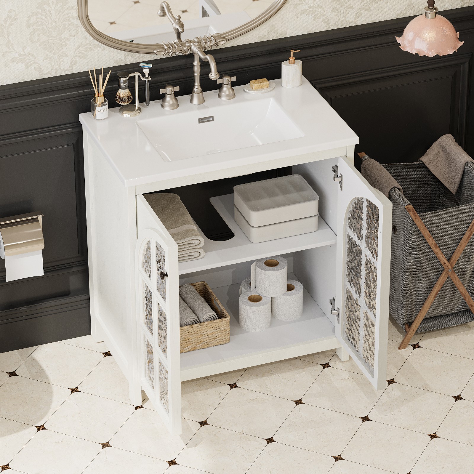 30 Inches Bathroom Vanity with Ceramic Sink,Vintage Rustic Bathroom Cabinet