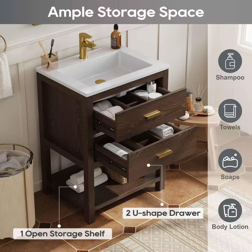 Magen 25 In. Single Sink Bath Vanity in Walnut with White Engineered Solid Surfa