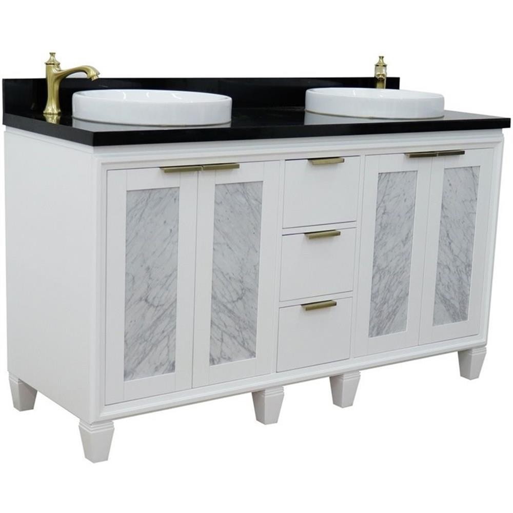 Pemberly Row 61″ Double Round Sink Solid Wood Vanity in White/Black Galaxy