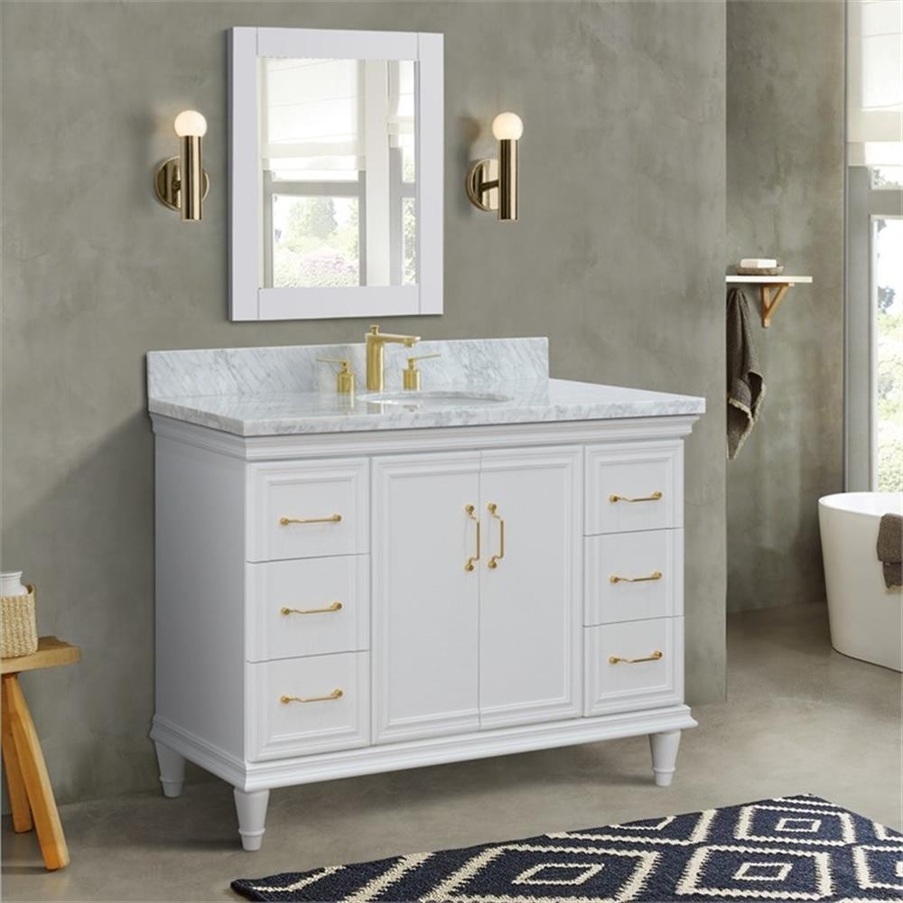 49 in. Single Wooden Vanity White with White Carrara Marble Oval Sink