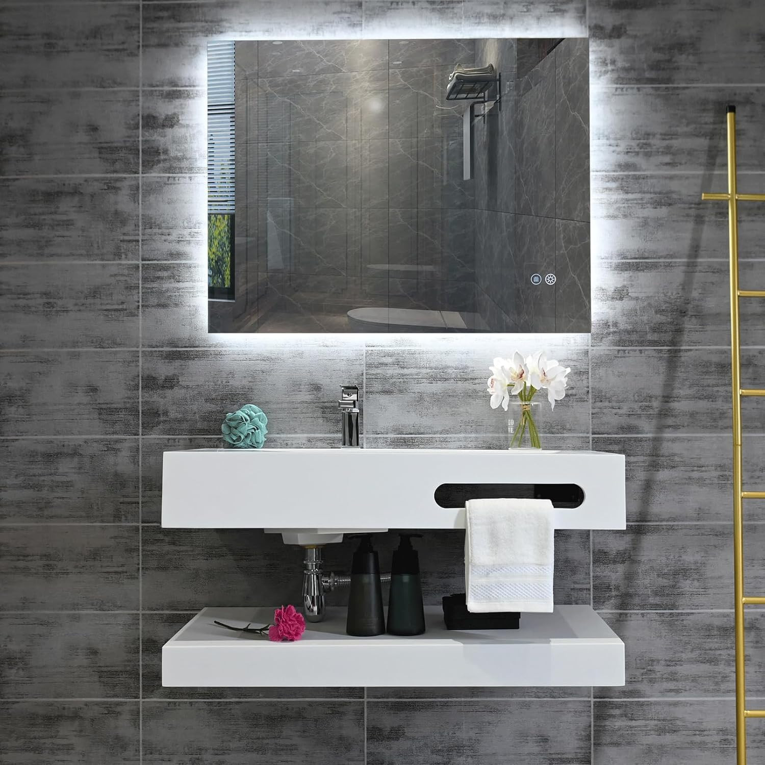 36″X19″ Wall Mount Bathroom Vanity with Sink Stone Resin Floating Vanity Sink Re