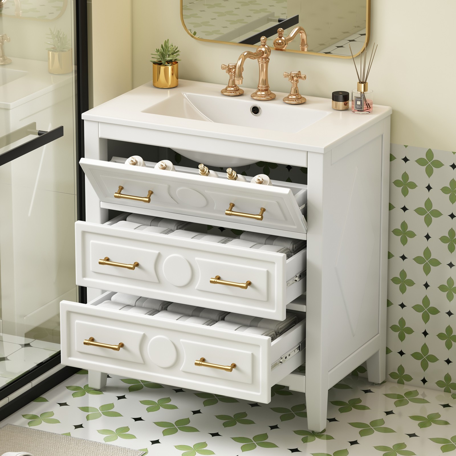 White 30″ Free Standing Bathroom Vanity w/ Ceramic Sink & 3 Drawers, Solid Wood