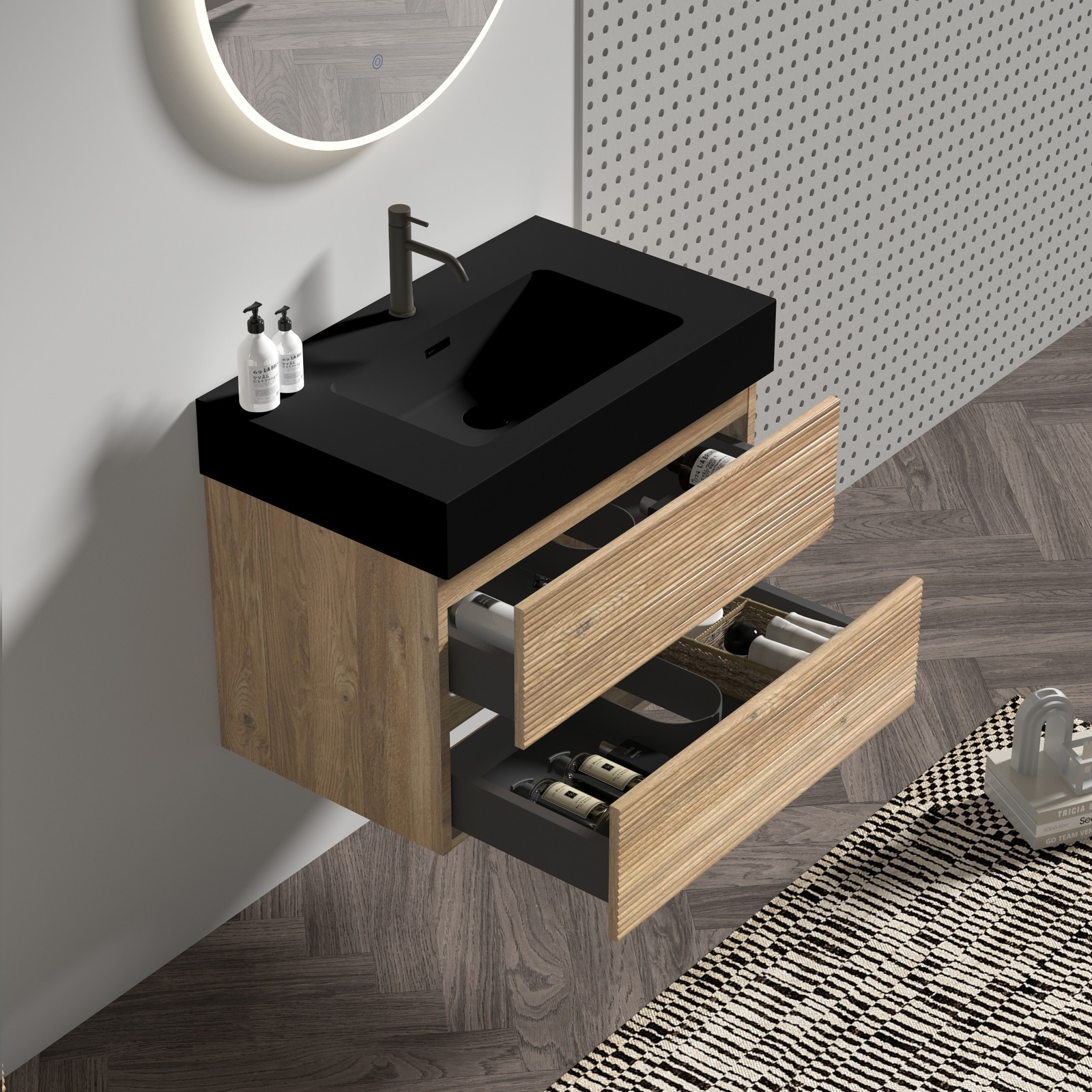 30″ Rough Oak Wall Mounted Bathroom Vanity with Black Sink & Drawers