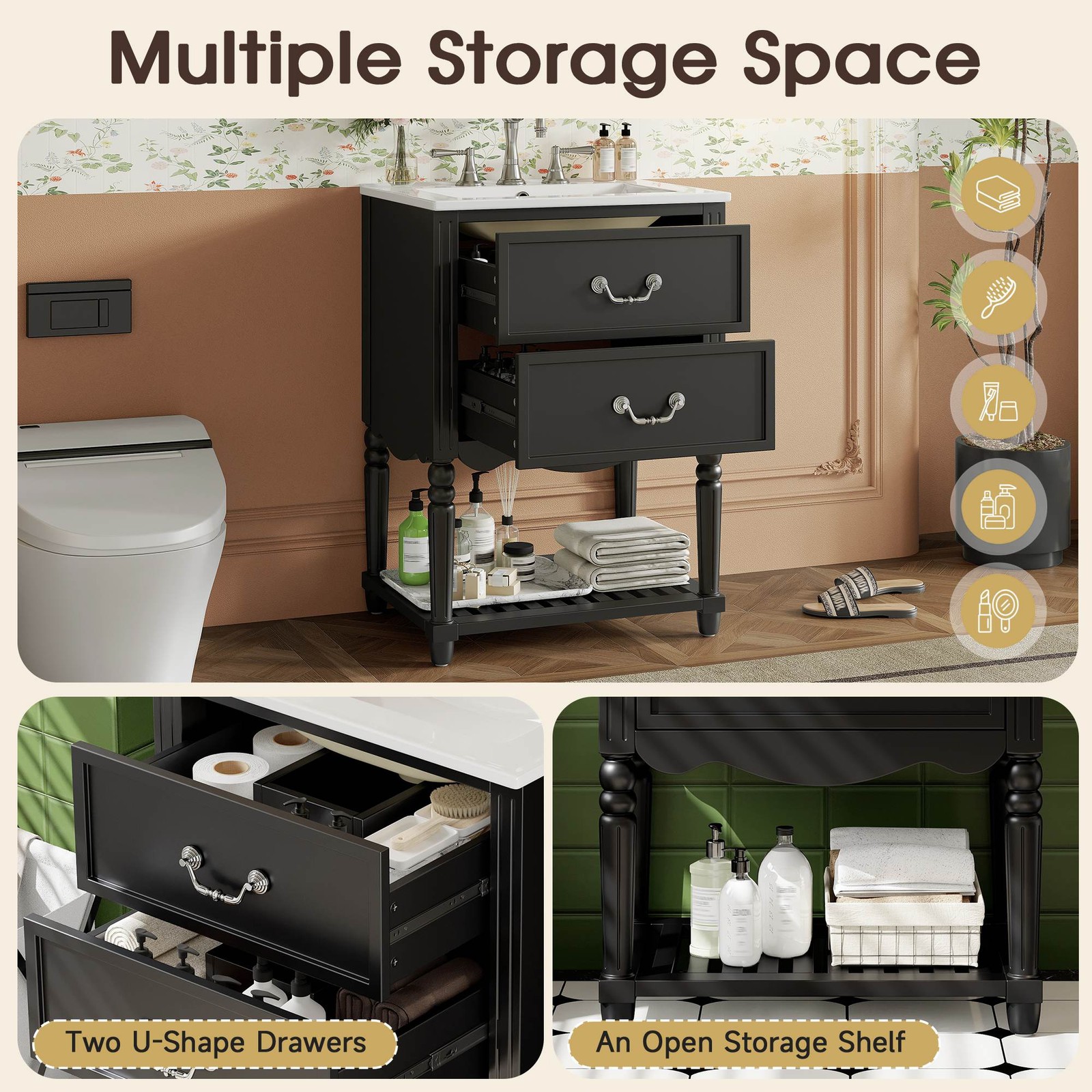 FUNIDEE 24″ Vintage Bathroom Vanity Storage Cabinet with Ceramic Sink Black