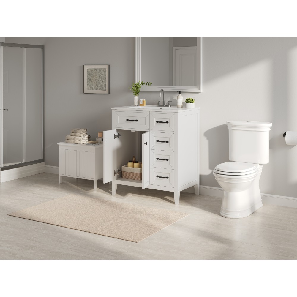 30″ White Bathroom Vanity with Ceramic Sink Freestanding Vanity with Black Metal