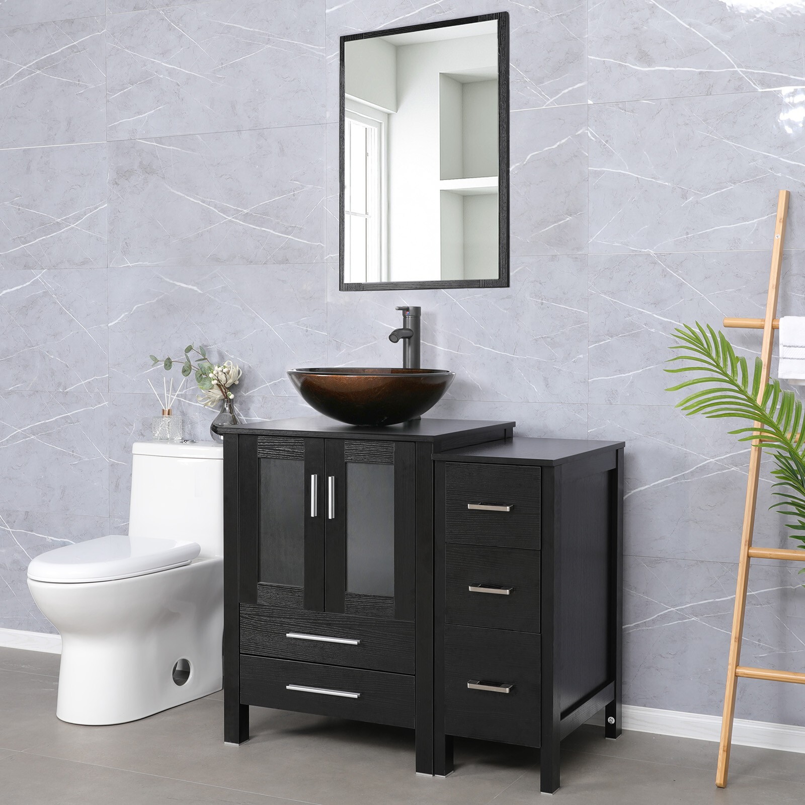 36″ Black Bathroom Vanity Set Small Cabinet Vessel Glass Sink Combo No Mirror