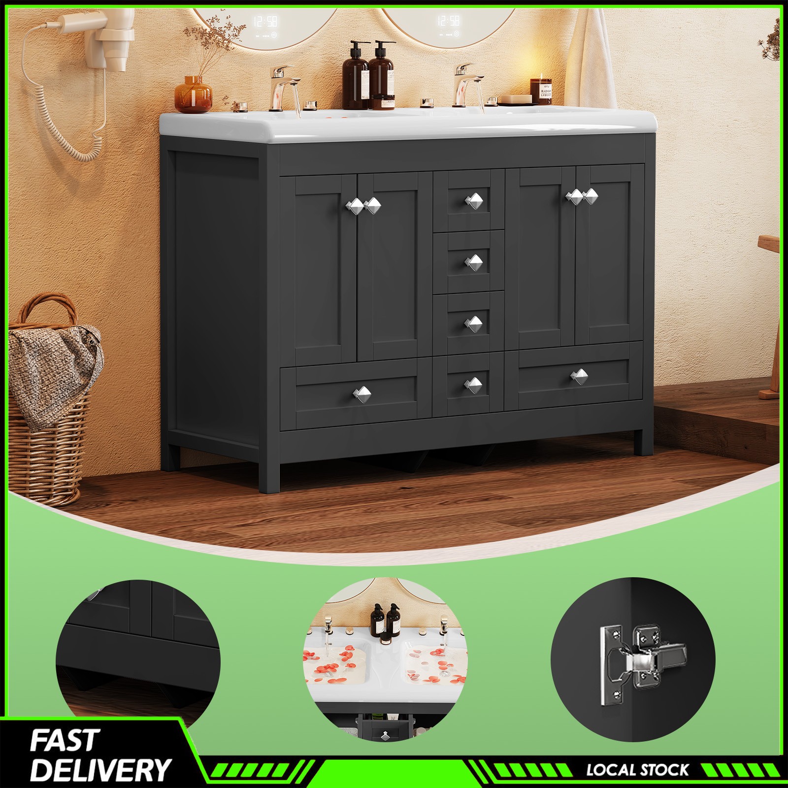 Modern 47 Inch Black Freestanding Bathroom Vanity Double Ceramic Sinks 5 Drawers