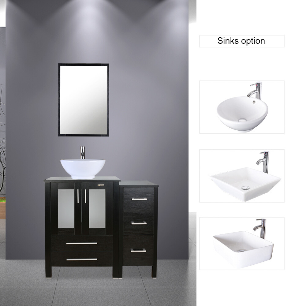 36″ Black Bathroom Vanity W/Small Side Cabinet& Ceramic Vessel Sink Top Modern