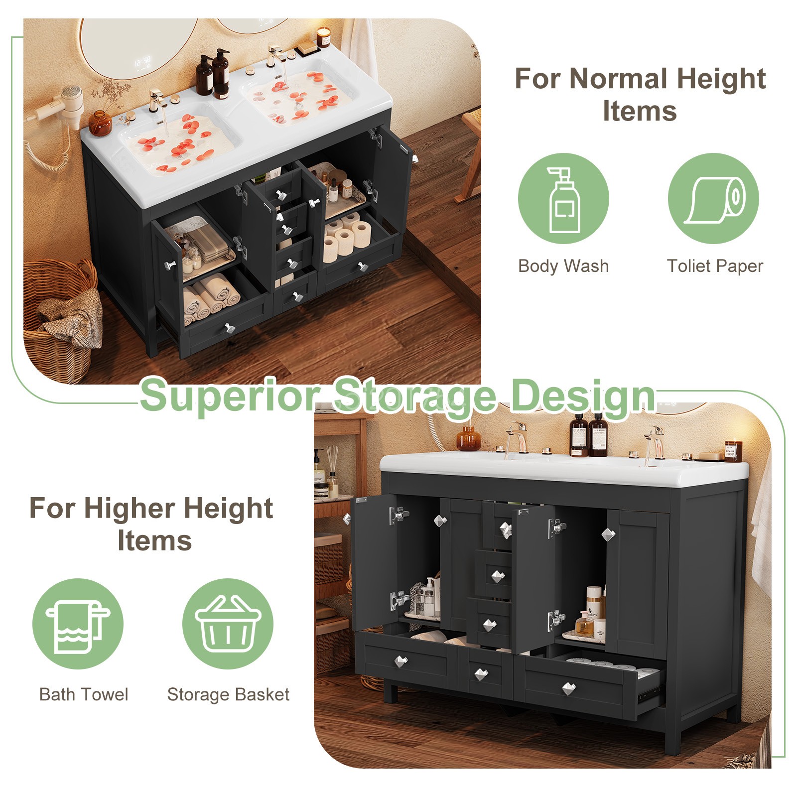 47.3″ Bathroom Vanity Freestanding Ceramic Sink Cabinet Bathroom Sink Set Black