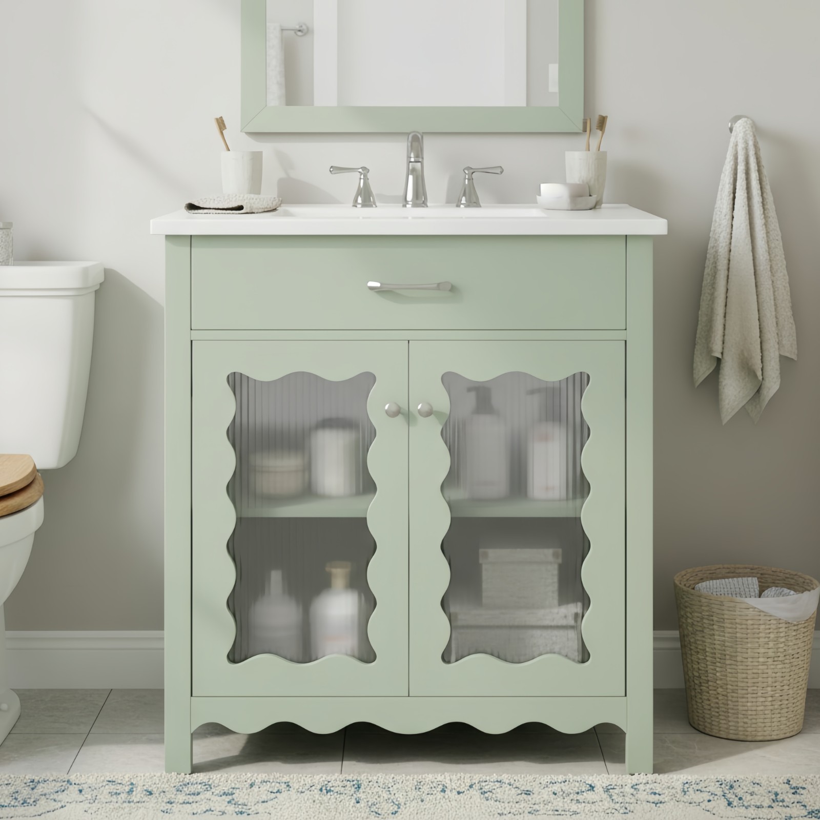 30 Inches Bathroom Vanity with Tempered Glass with Rubber Wood Legs and Doors