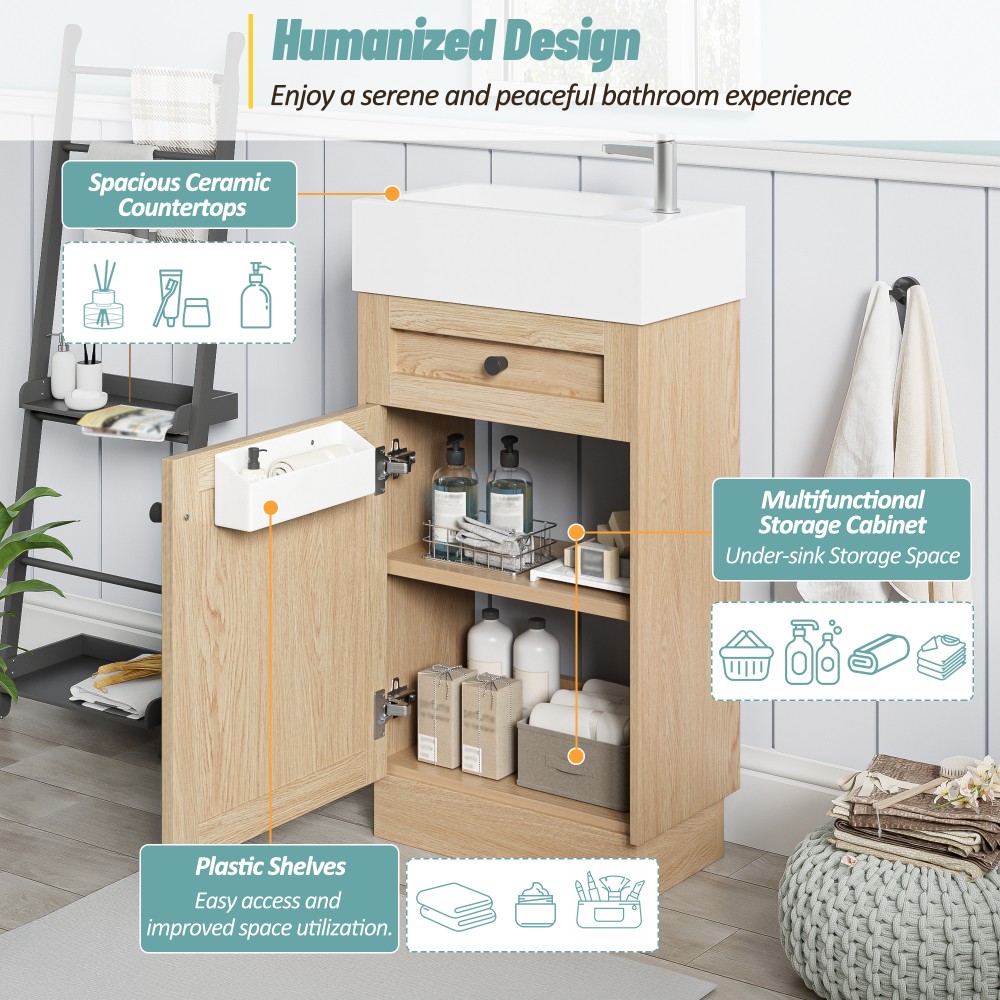 18.5 Inch Rustic Bathroom Vanity MDF Cabinet Reversible Resin Sink Adjustable