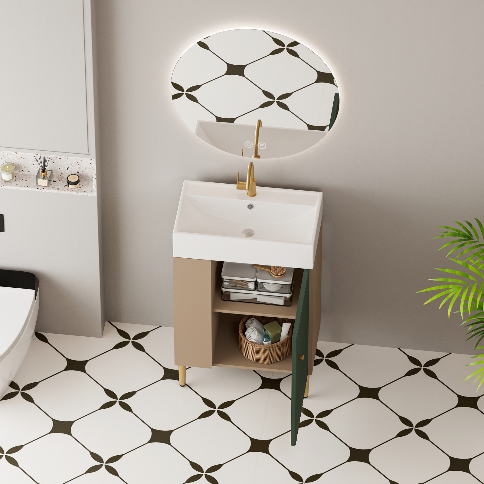21.6″Modern Bathroom Vanity with Ceramic Sink Storage Cabinet W/ Door Open Shelf