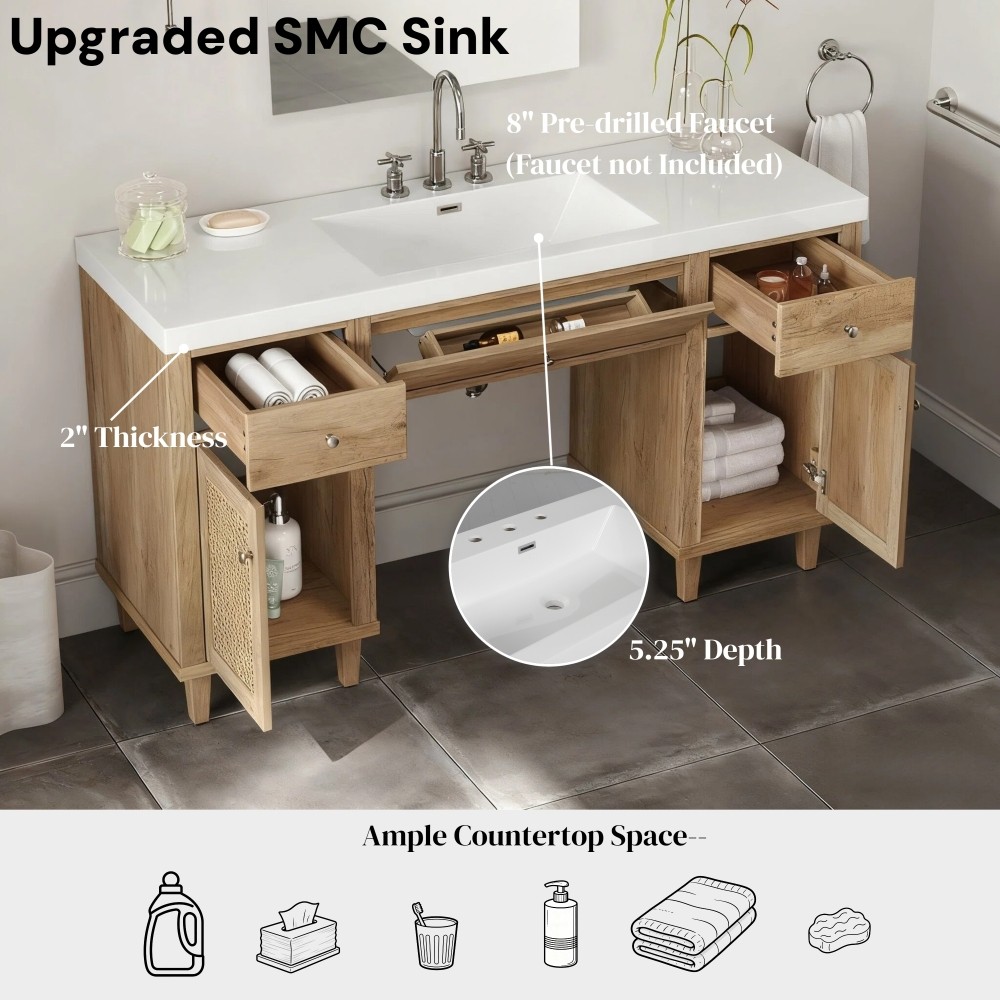 60 Inch Bathroom Vanity with SMC Sink, Modern Spacious Bathroom Storage Cabinet