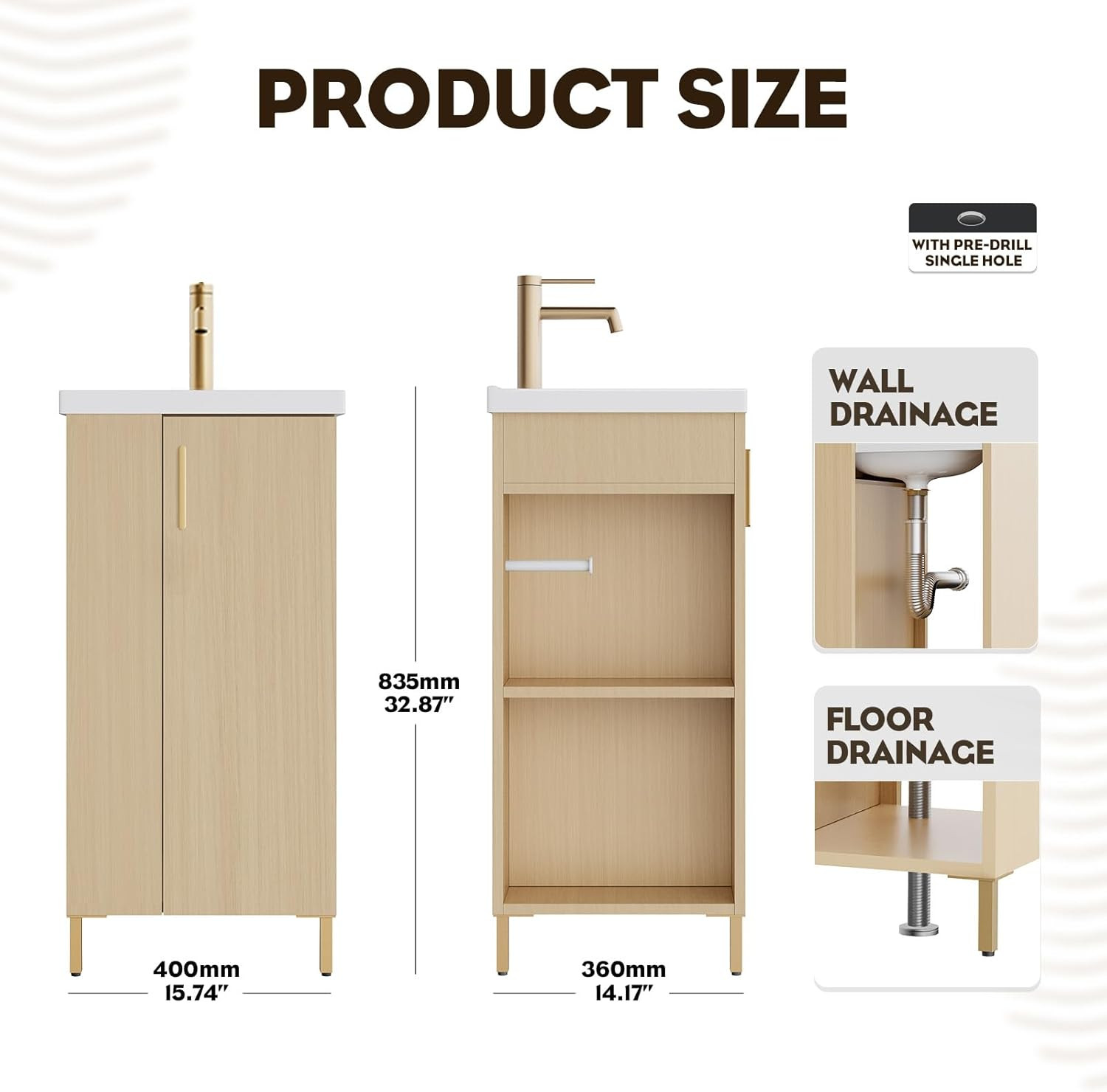 16″ Oak Bathroom Vanity with Ceramic Sink & Soft-Close Door, No Faucet