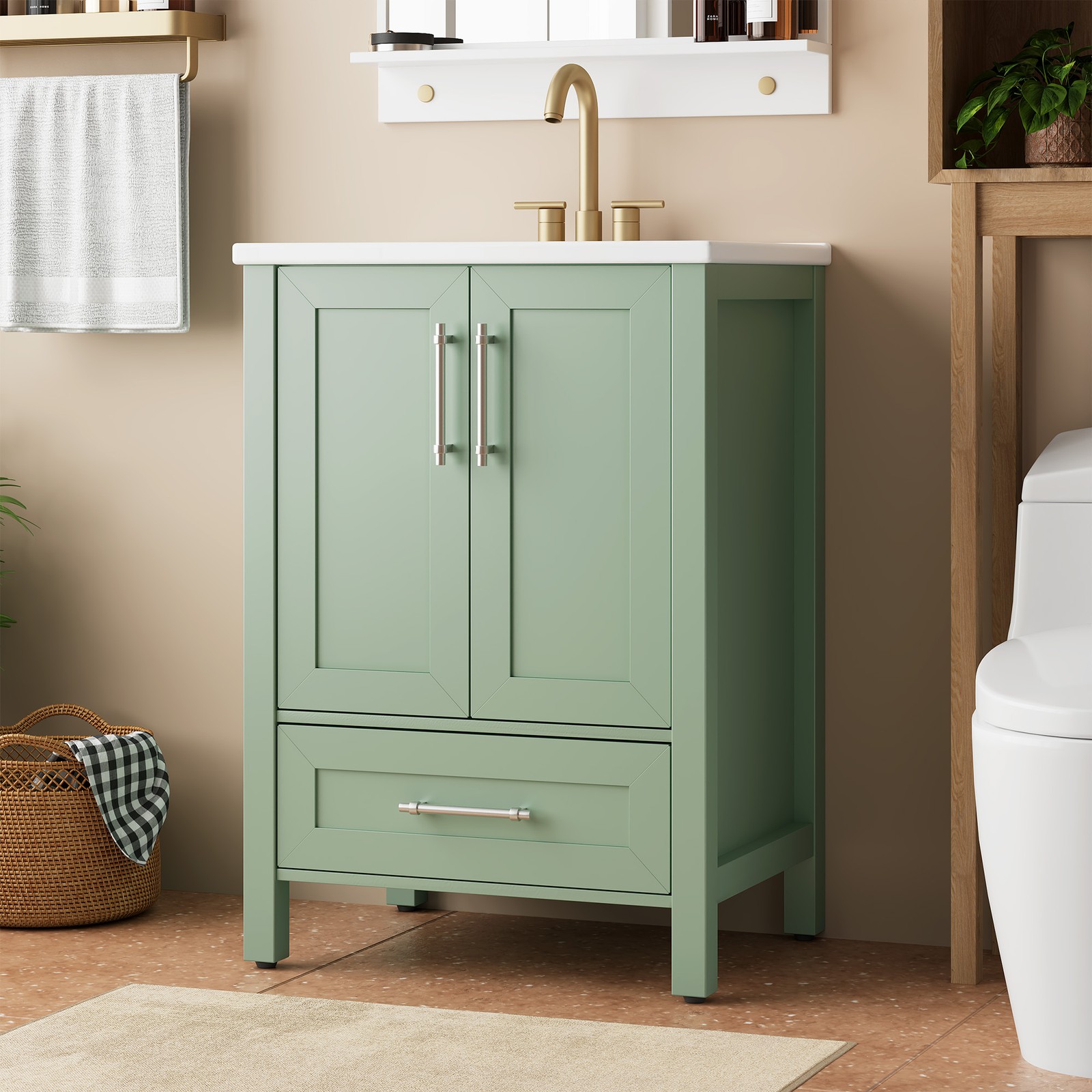 24” Bathroom Vanity Freestanding Storage Cabinet with Ceramic Sink & Drawer