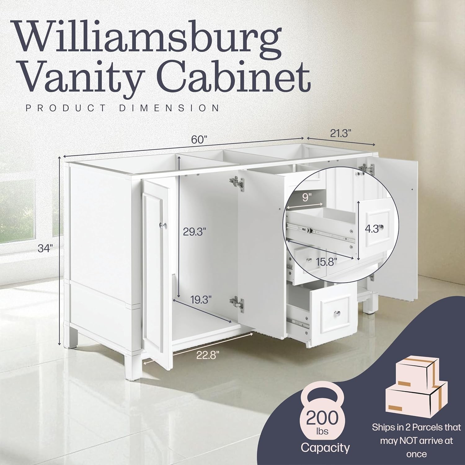 Williamsburg 60 Inch Double Sink Bathroom Vanity – Freestanding Cabinet Witho…