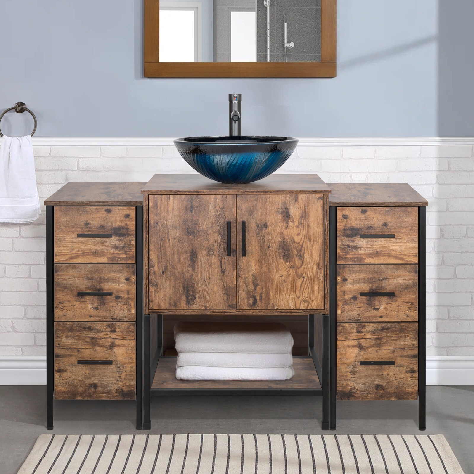 48″ Bathroom Vanity Set Organizer Top Vessel Sink W/ Faucet Drain Cabinet Combo