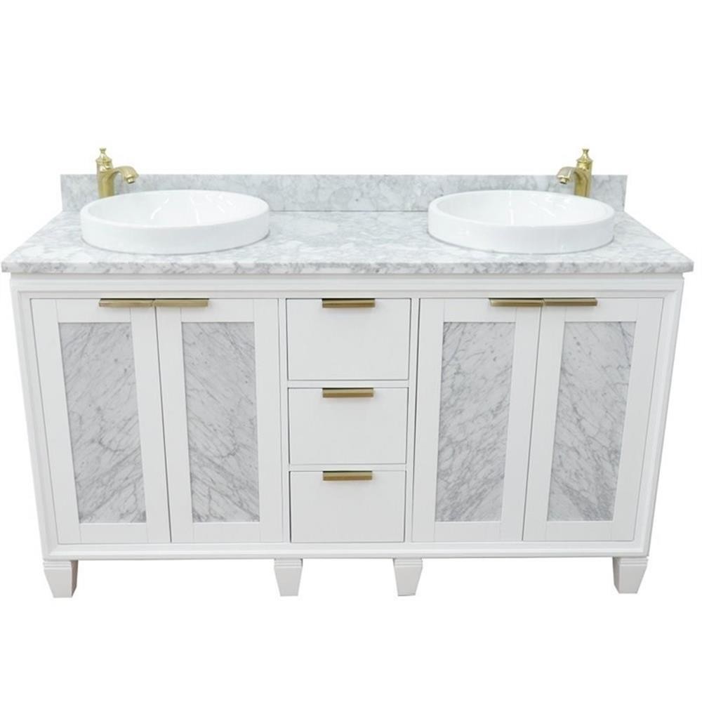 Pemberly Row 61″ Double Round Sink Solid Wood Vanity in White/White Carrara